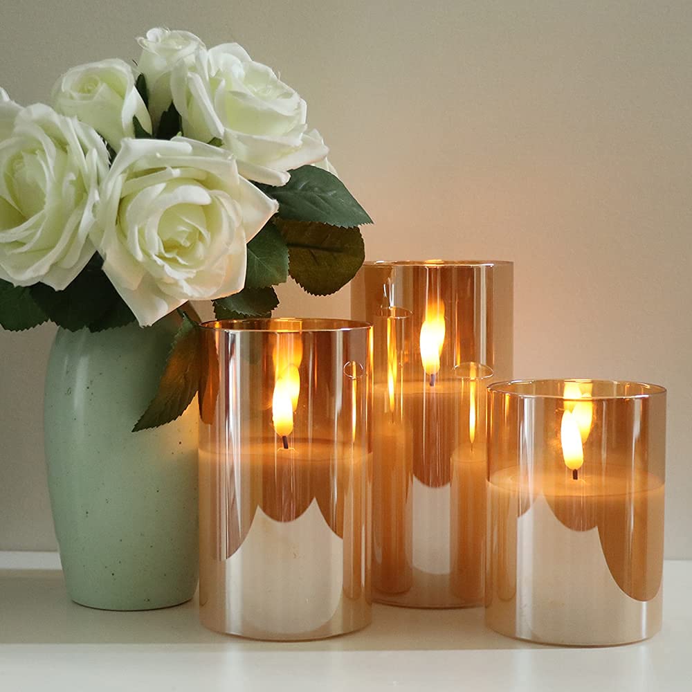 DRomance Candele in vetro senza fiamma con pupazzo di neve, funzionamento a batteria, con telecomando e timer, candele a pilastro in vera cera LED tremolante, luce bianca fredda, decorazione natalizia
