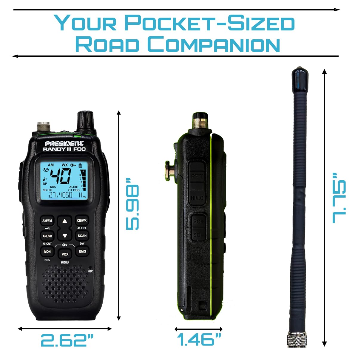 President Randy III FCC AM/FM Handheld CB Radio w/P Channels, NRC, Desktop Dock & Mobile Charge Module, 7Color Display, ASC, VOX, CTCSS/DCS, Weather Channel, Scan Skip, Flashlight, Key Lock (TXUS722)