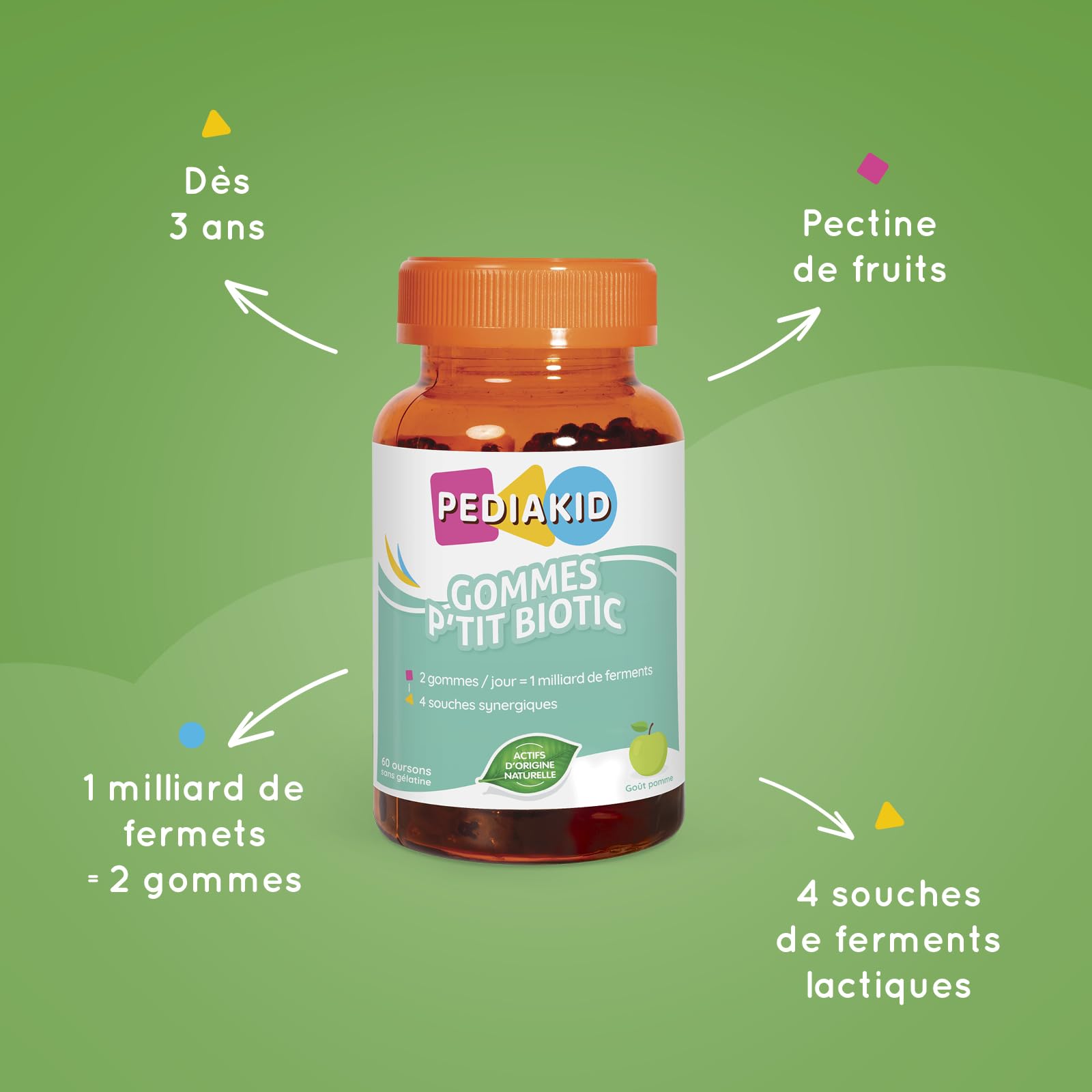 PEDIAKID - Gommes P'tit Biotic - Formule Naturelle au Délicieux Arôme de Pomme - Contribue à Enrichir la Flore Intestinale - Soutient les Défenses de l'Organisme - Lot de 3 piluliers