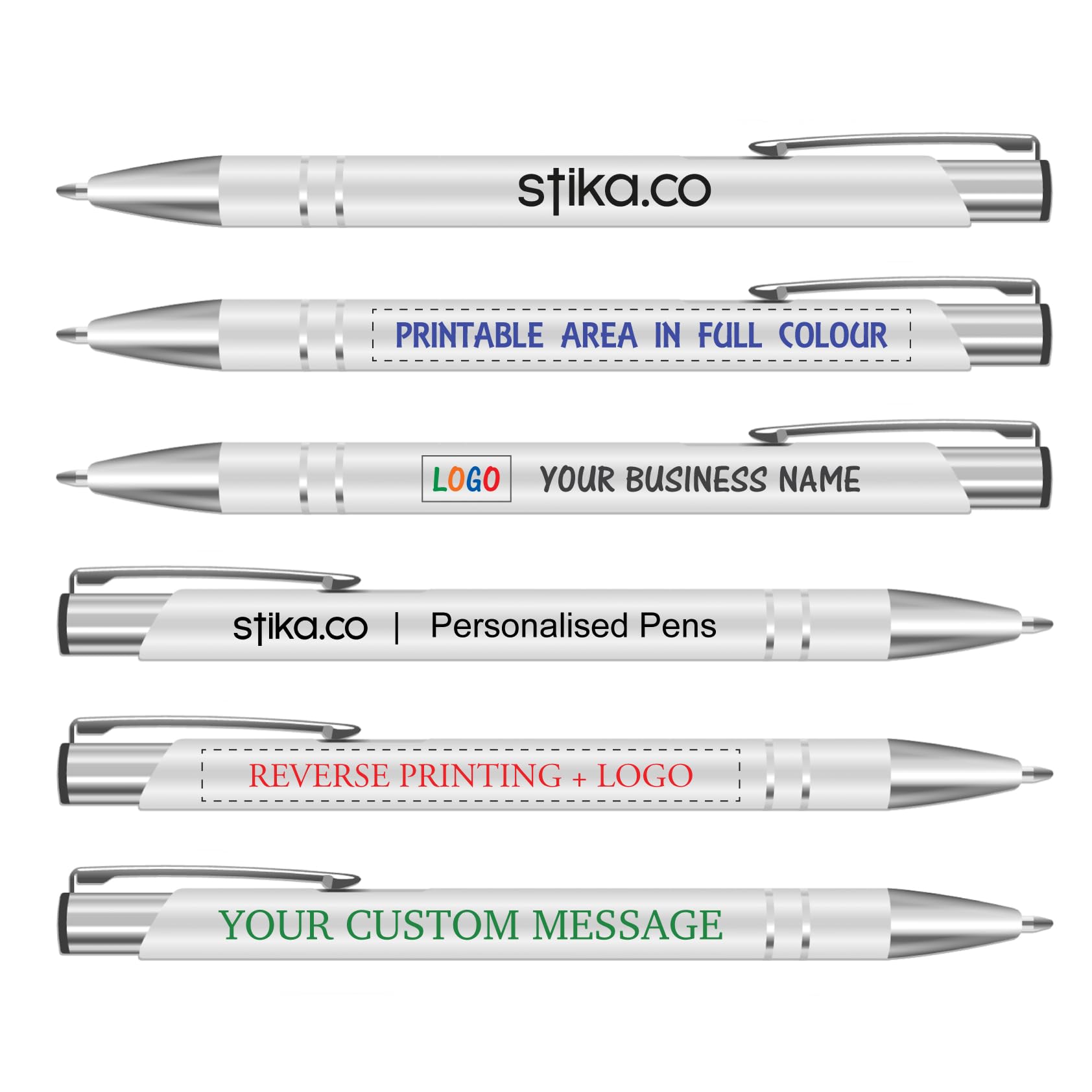 stika.co Personalised Metal Pens - Pack of 120 - Full-Colour Logo/Text - Best Value for Conferences, Campaigns, Trade Stands & Wedding Favours