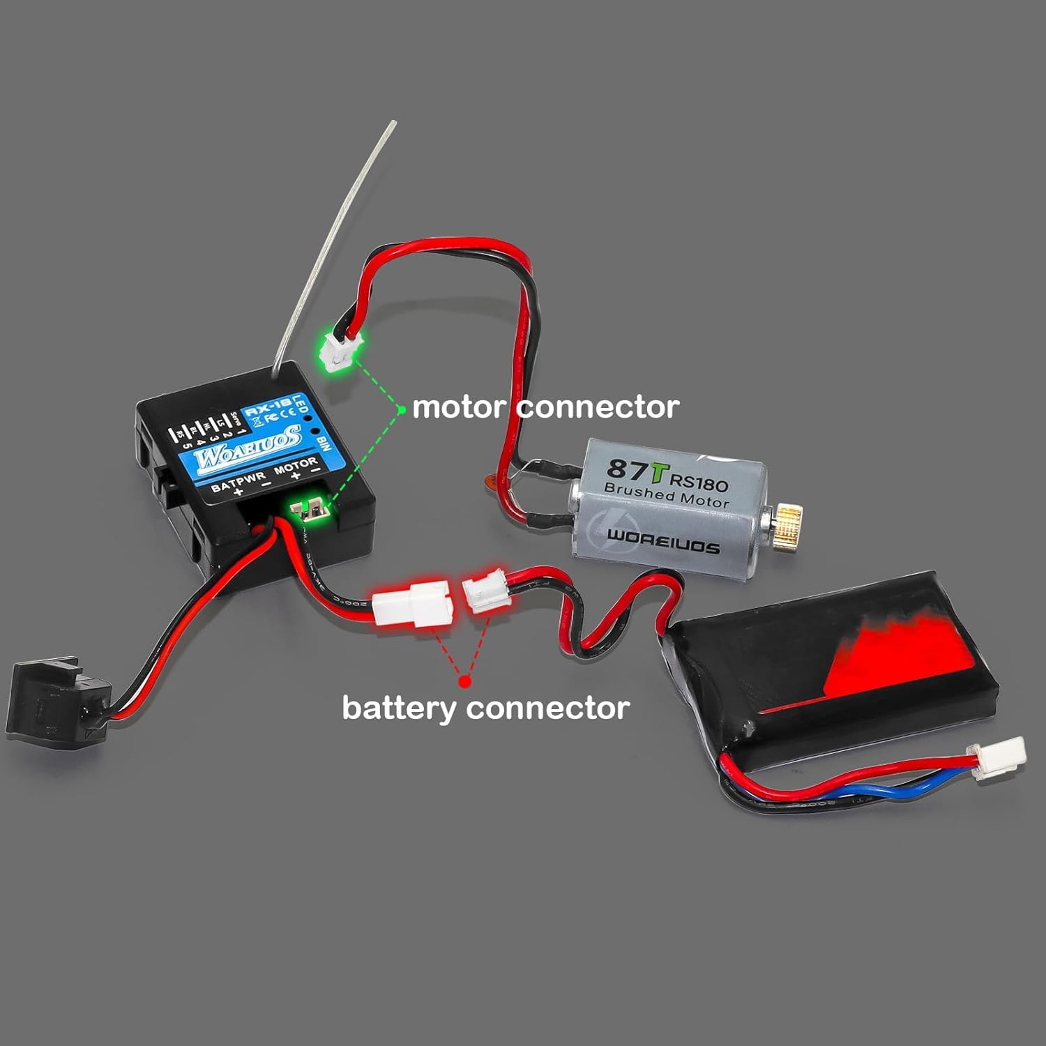2 in 1 ESC e ricevitore 3CH 2.4G RC trasmettitore telecomando con motore spazzolato 050 50T cambio combinato (motore combinato 1 e 050 50T rosso)