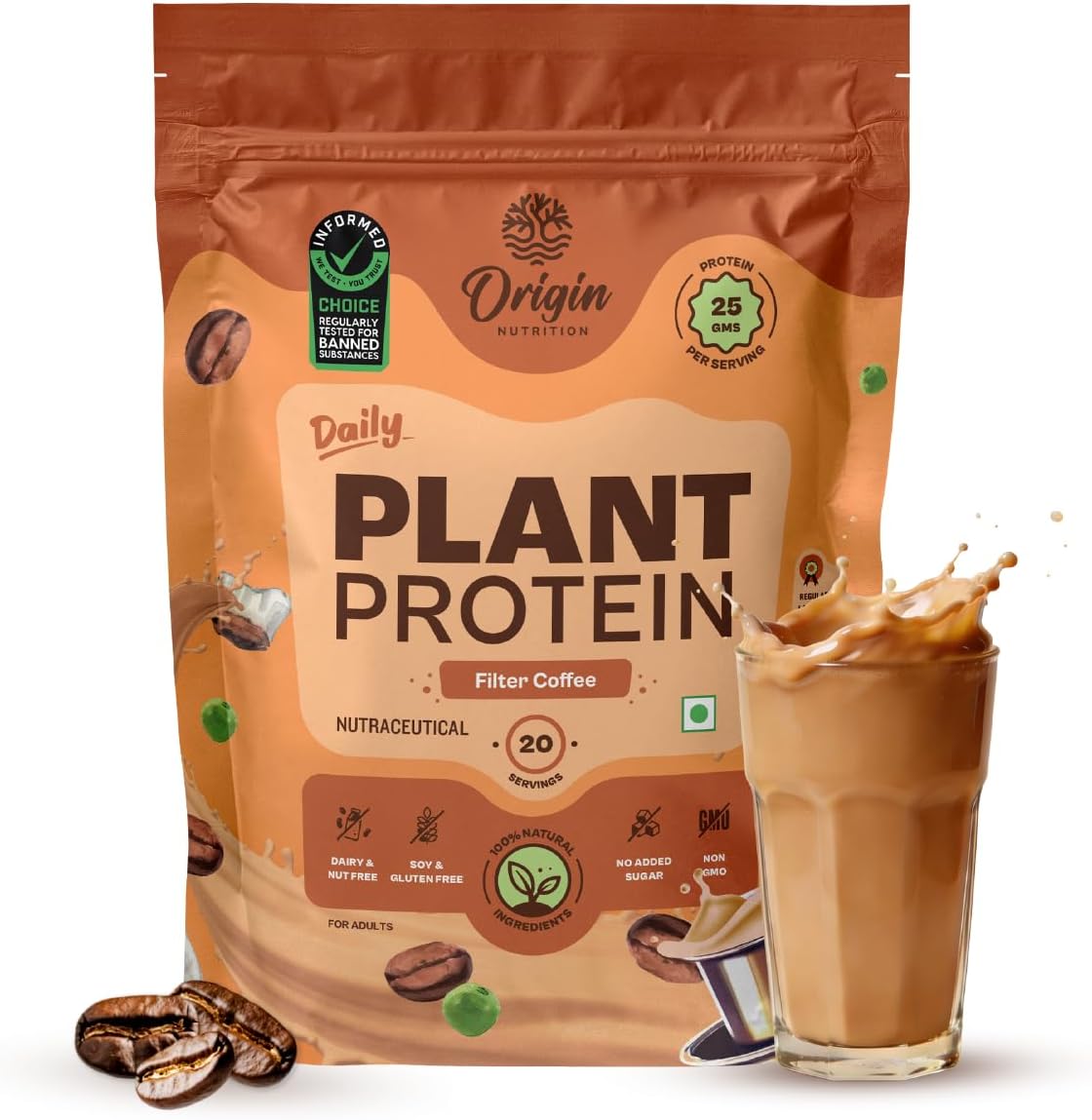Origin Nutrition 100% Natural Plant Based Protein Powder, 810 gm, Ranked Best Vegan Protein, European Pea Protein Isolate & Pumpkin Seed, Filter Coffee Flavour with 25g Protein Per Serve
