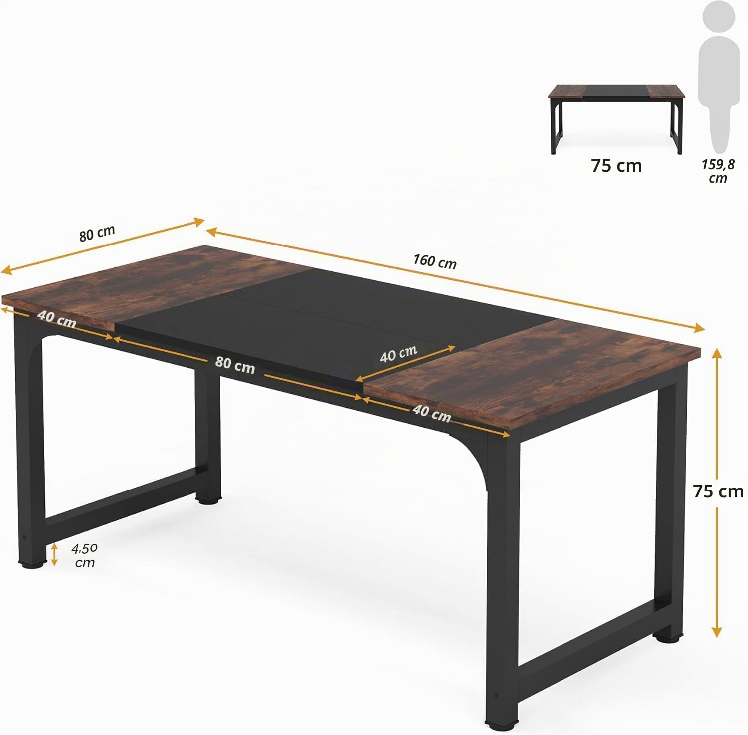 Lailang 160cm Escritorio de Oficina, Mesa portátil Ordenador, Mesa de Trabajo, Escritorio de Madera, Home Office, 160 x 80 x 75 cm, Marrón rústico y Negro