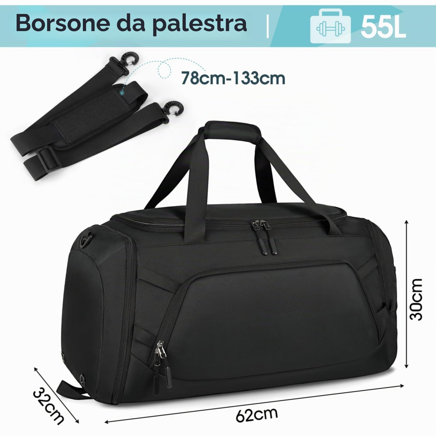 RAINSMORE Borsone Palestra Uomo Borsone da Viaggio Grande Borsa Palestra Donna con Scomparto Scarpe e Tasca bagnata Duffel Bag Gym Bag 55L Nero