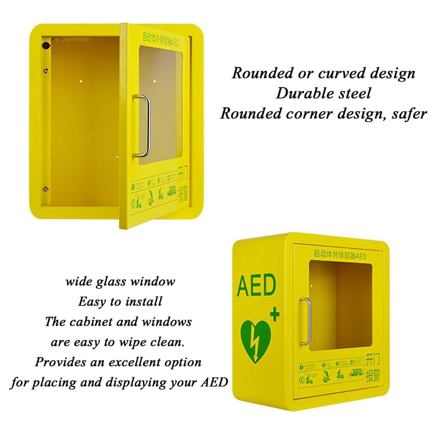 AED Defibrillator Wandschrank mit Alarm – transparentes Glasfenster, abgerundete Ecken, ideal für Zuhause, Büro und öffentliche Bereiche