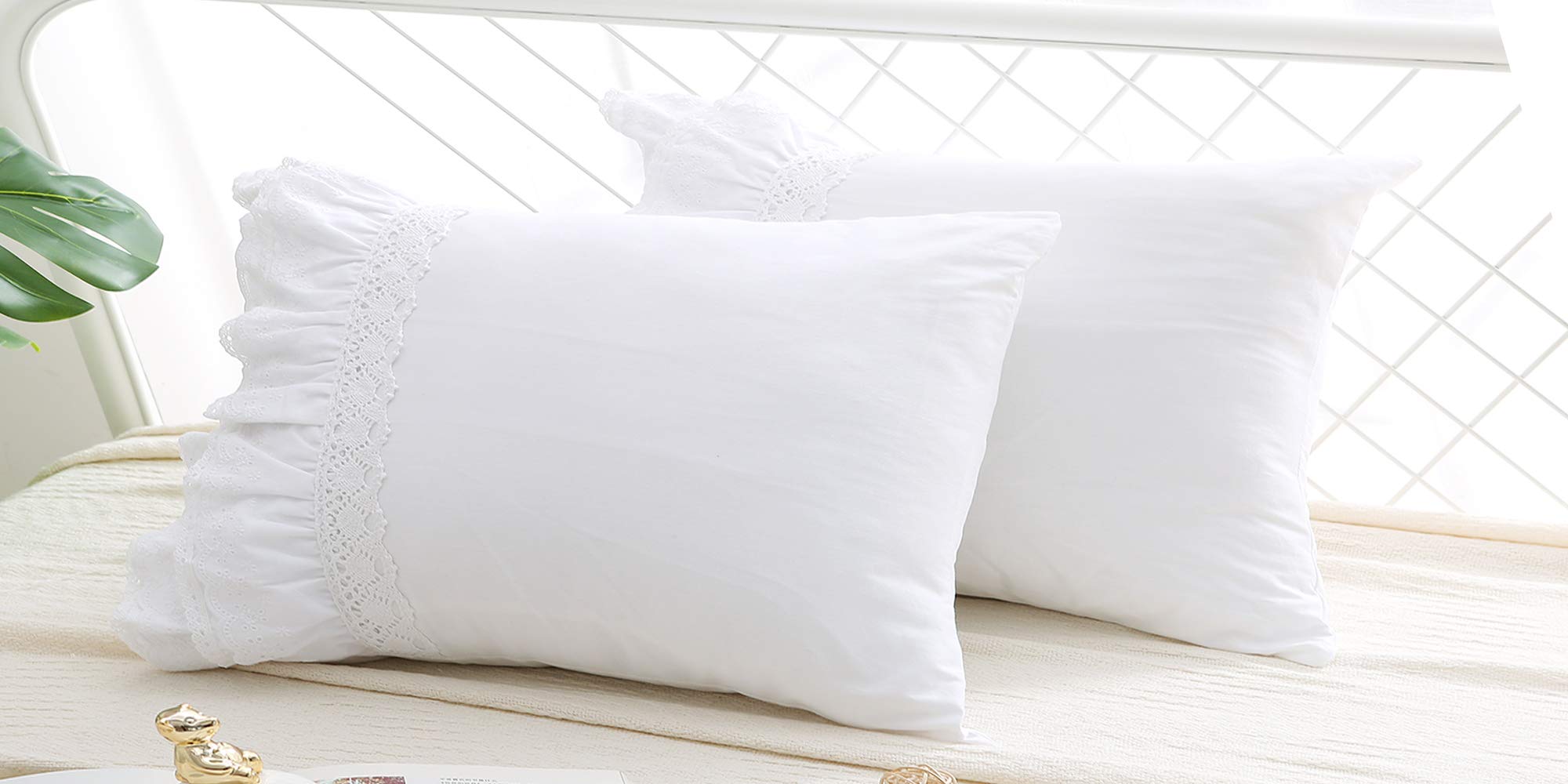 Meaning4 2-Pack Lace Pillow Shams Cases Covers with Ruffles Bright White Egypt Cotton Standard Size 20"X26" Luxury Elegant Twin Size