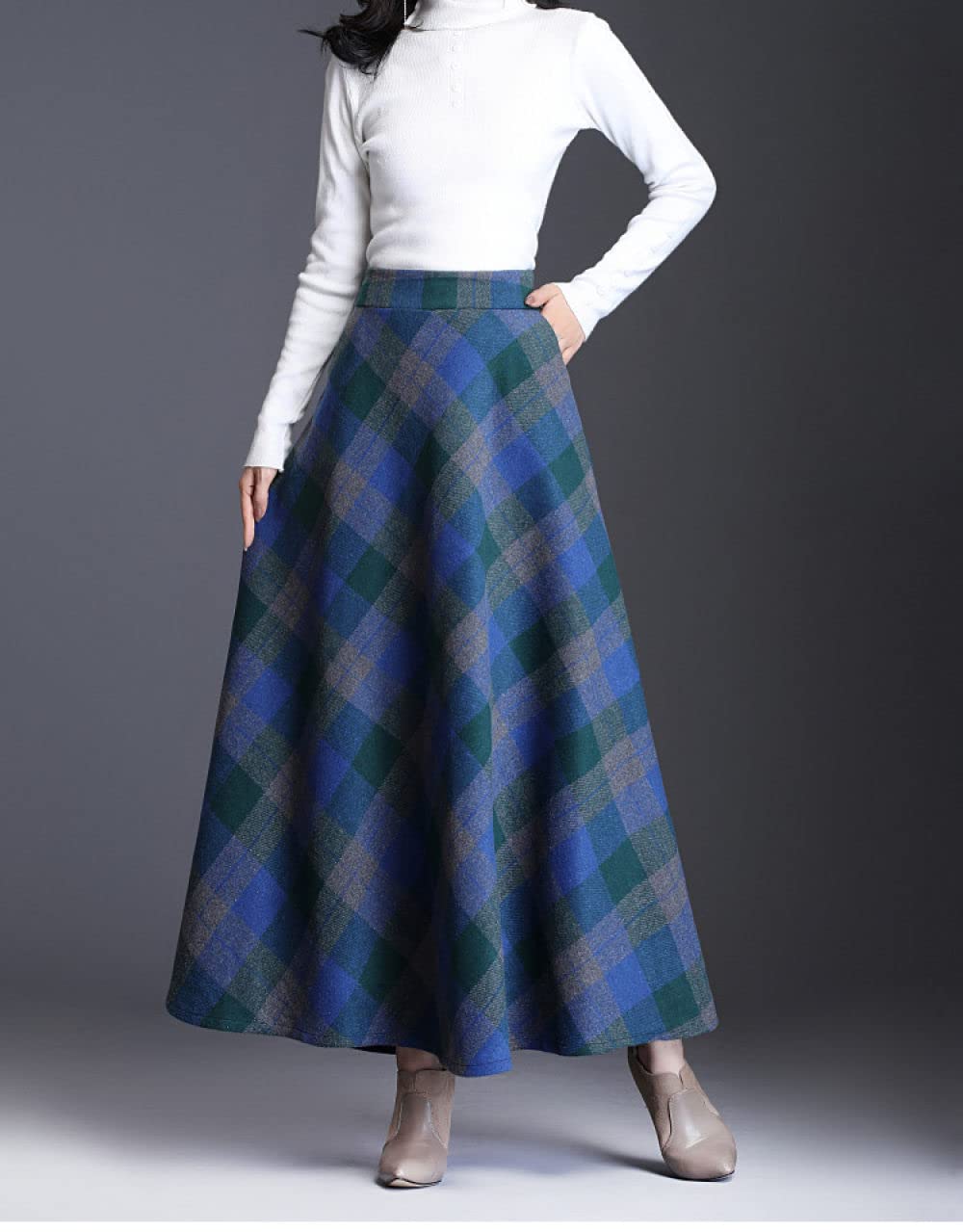 Gonne Invernali Donna, Maxi Gonne per Donna Elastico in Vita Vintage Blu Reticolo Spesso Inverno Tartan Gonna Calda Increspato Gonna A-Line A Vita Alta Grandi Gonne A Pendolo