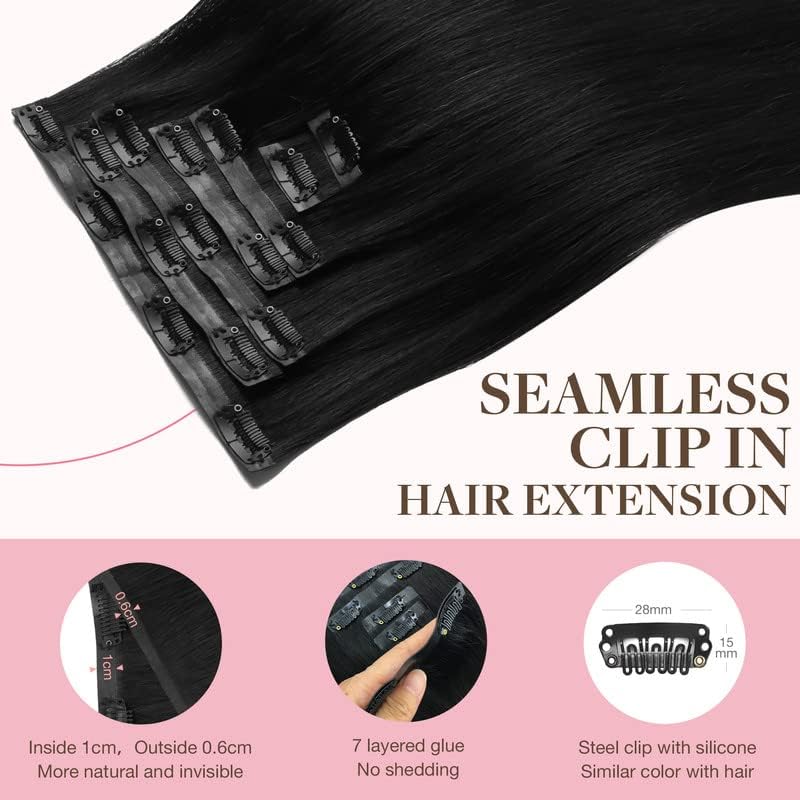 Image of GOO GOO Clip in Hair Extensions Real Human Hair, Remy Human Hair Extensions Clip ins for Women, Natural Human Hair, 20inch 110g 7Pcs, 1 Jet black