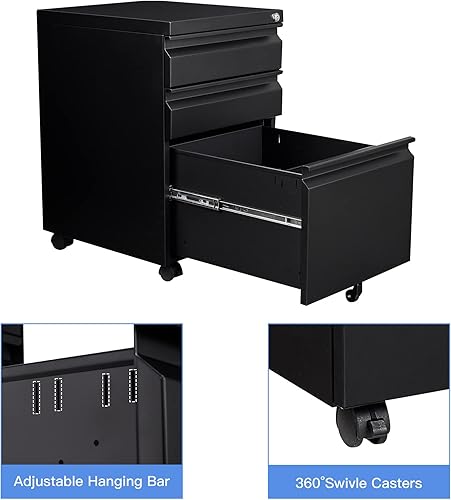 Miniatura 7 de Yizosh Archivador móvil de 3 cajones con cerradura, archivador negro debajo del escritorio, archivador con bloqueo de metal sobre ruedas para