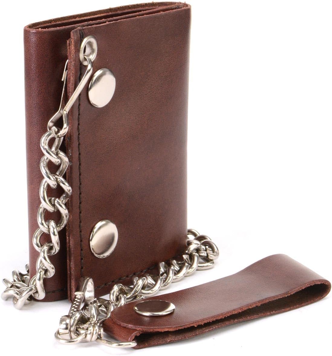 Milwaukee Leather MLW7886 Men's 4” Antique Brown Leather Biker Tri-Fold Wallet w/Anti-Theft Stainless Steel Chain - 4 Inch