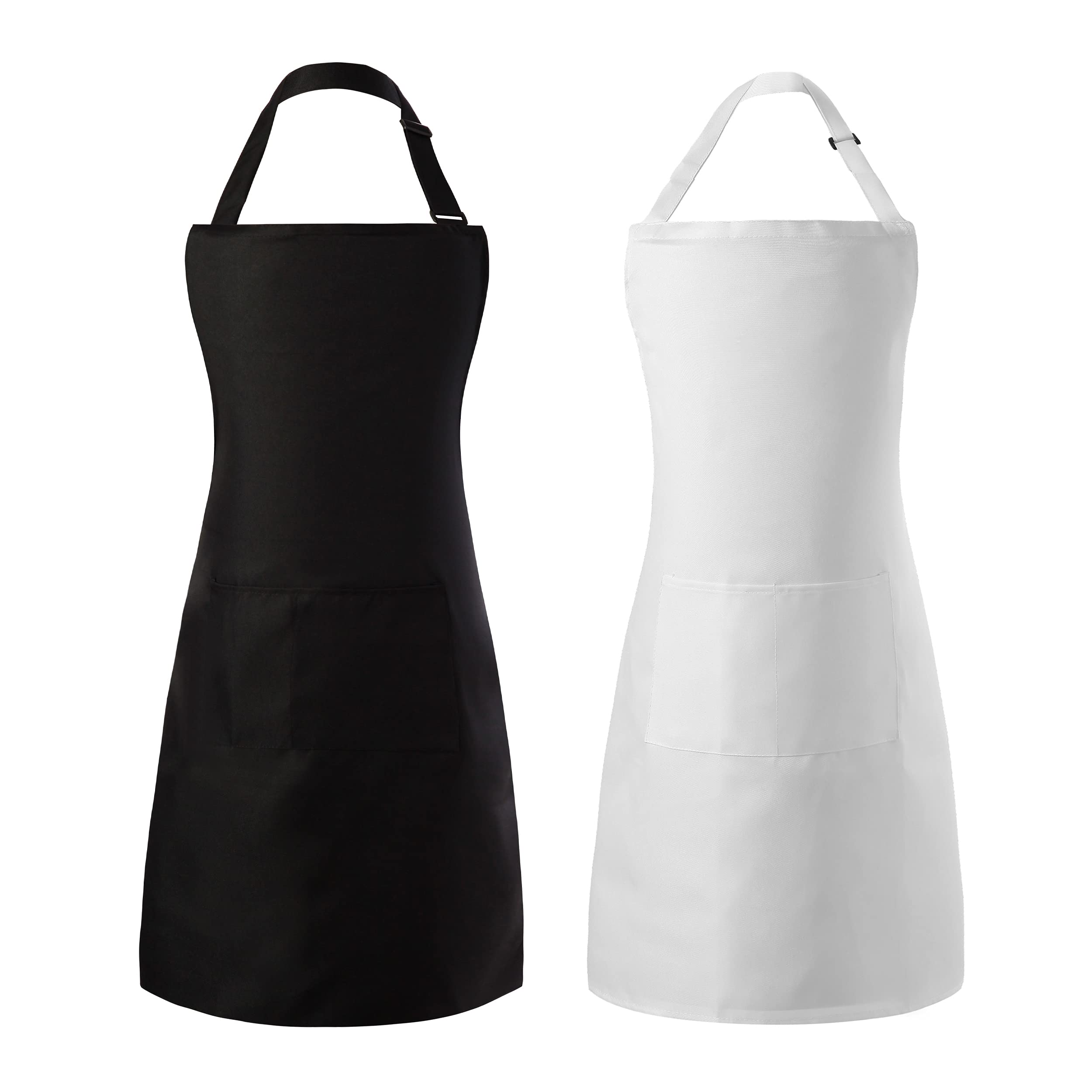 Tosewever 2 Pack Adjustable Bib Apron, Waterdrop Resistant Aprons with 2 Pockets Cooking Kitchen Restaurant Aprons for Women Men Chef, BBQ Drawing Crafting Outdoors (Polyester - Black & White, 2)