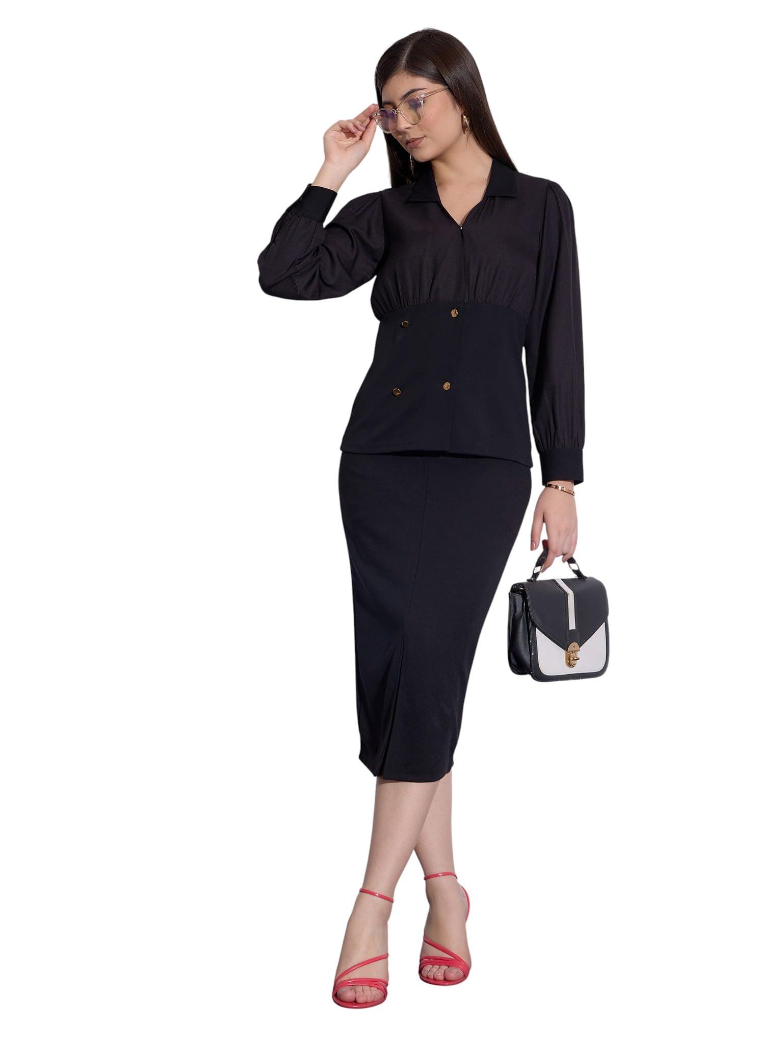 sassafras worklyf Women's Peplum Collar Top with Midi Skirt-picture-44