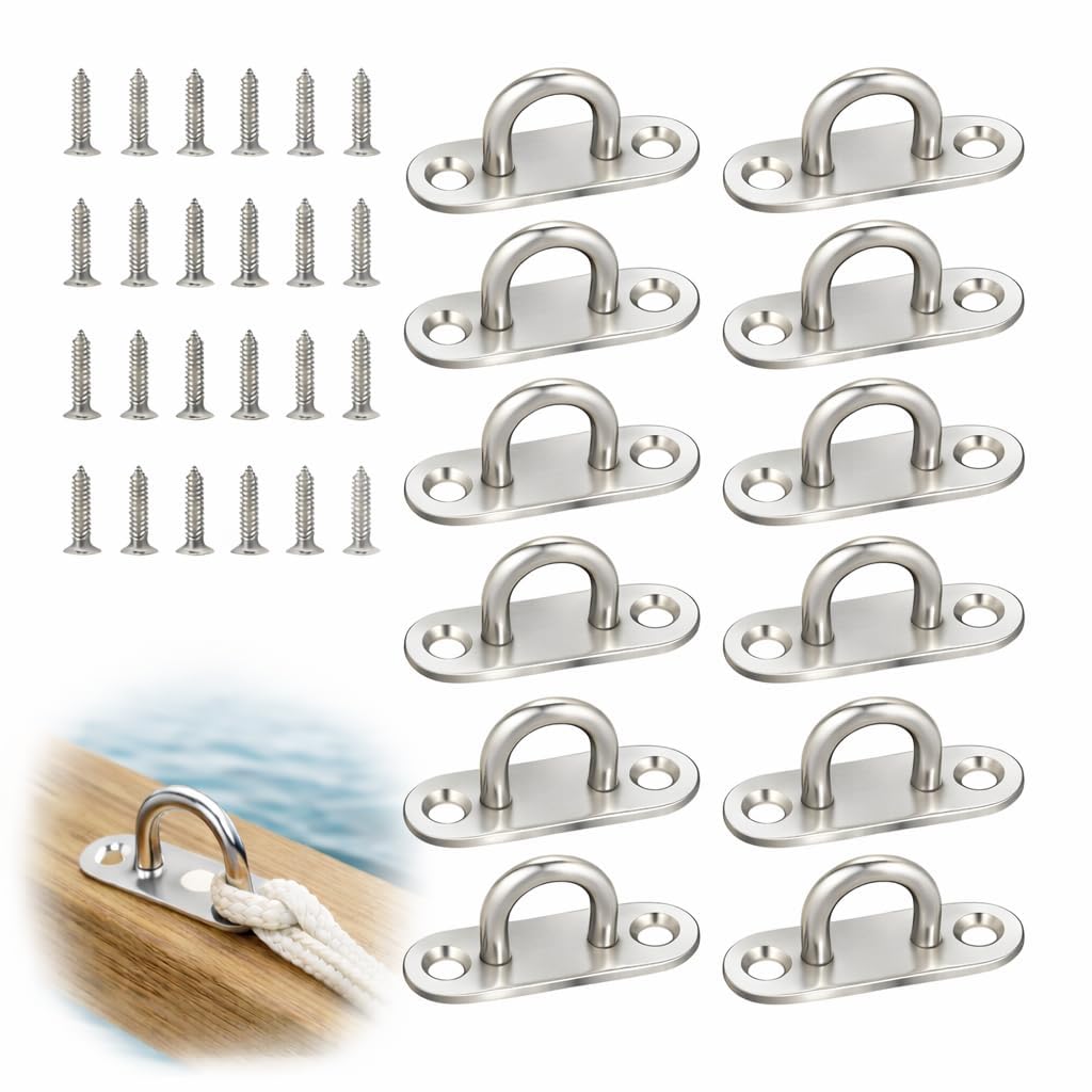 Xforevery 12 Piece M5 Pad Eye Plate Ceiling Hooks, Heavy Duty Stainless Steel U Shaped Eye Hooks for Wall Ceiling Hanging, Metal Staple Ring Loop with 24 Screws for Marine Rigging Garden Shade Sail