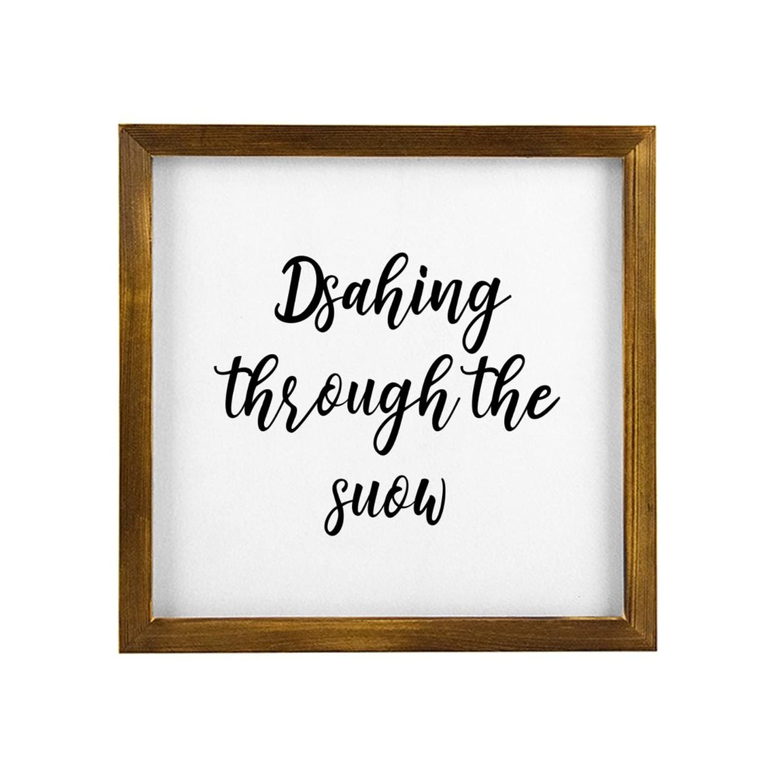 Alioyoit Rustic Framed Wood Sign Dashing Through Snow Distressed Look Wooden Sign with Quote Vintage Wall Hanging Plaque with Wood Frame Wall Art