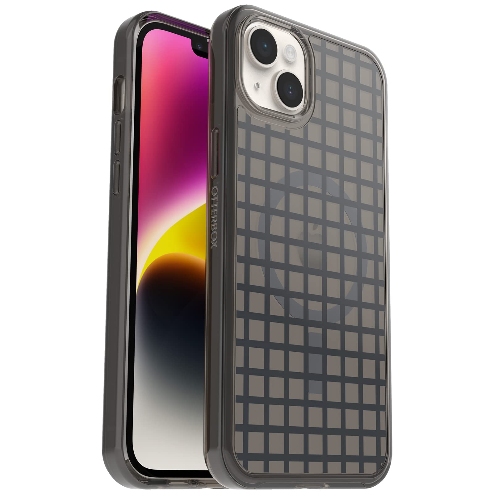 OtterBox Cover per iPhone 14 Plus Symmetry+ Clear per MagSafe, resistente a shock e cadute;sottile, testata 3x norme MIL-STD 810G, protezione antimicrobica, Window Pane Black
