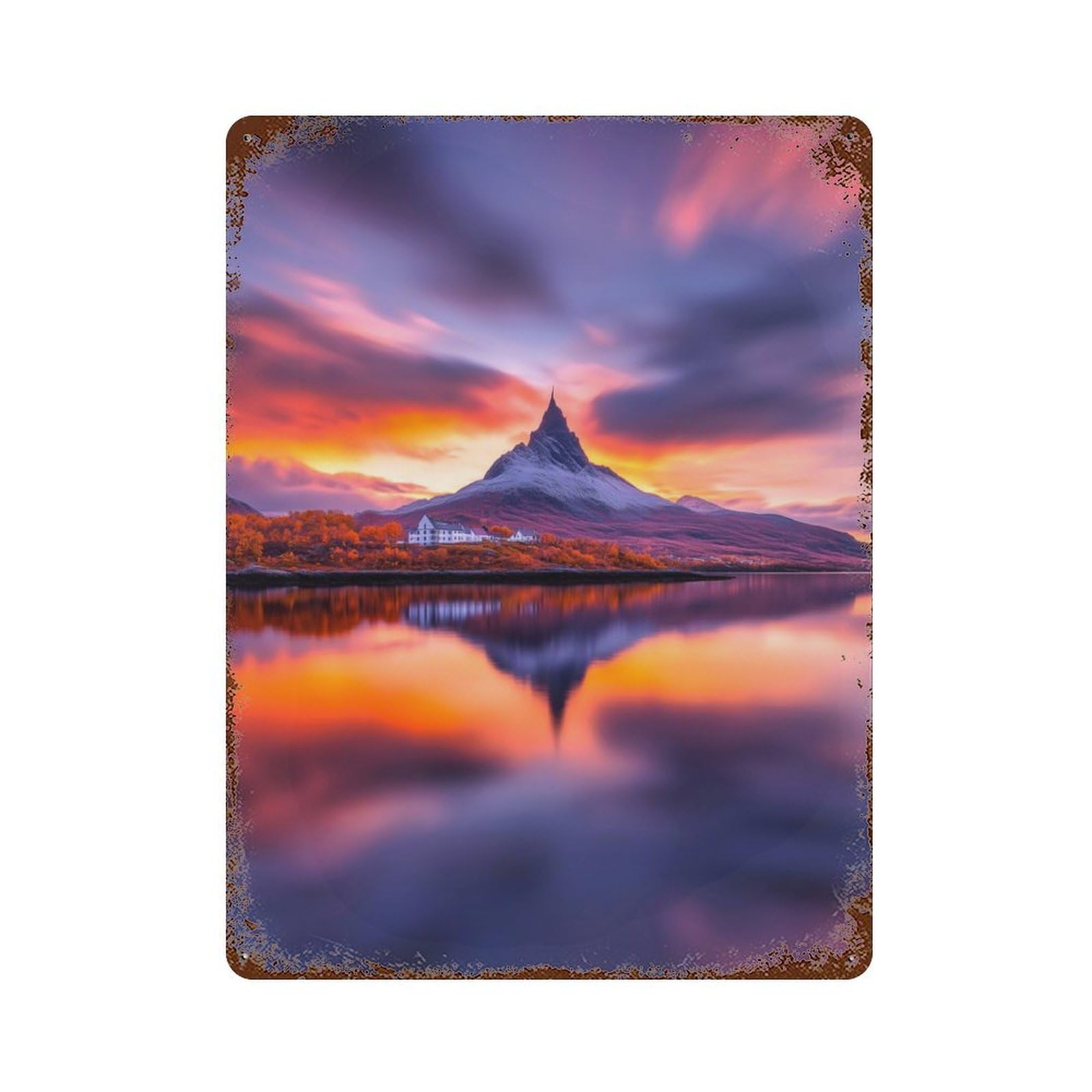 Distressed Metal Wall Sign Mountain Reflection at Sunset 15.7"x11.8", Vintage Wall Decor for Garage, Bar And Workshop Decor