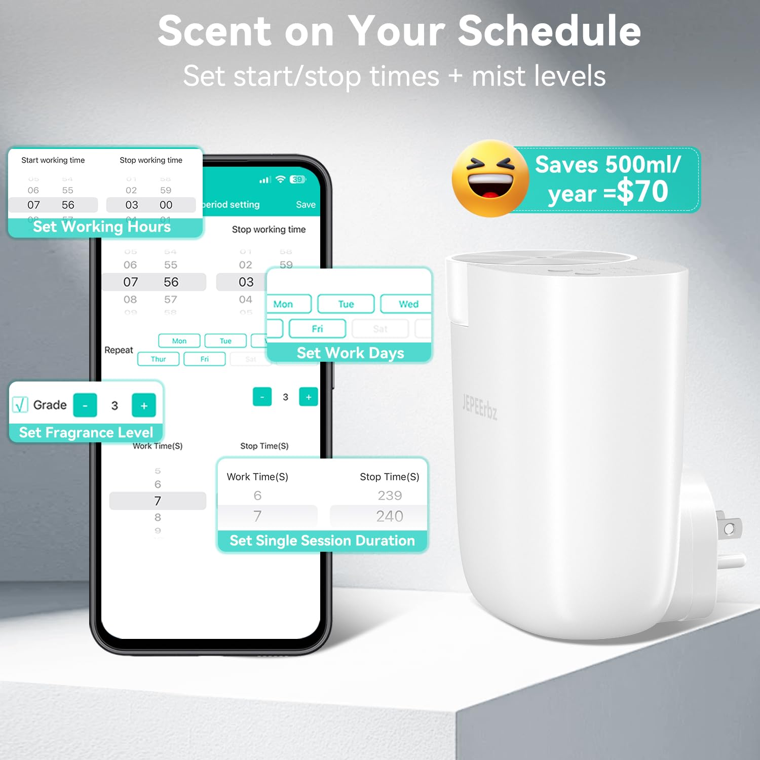 Difusor Aceites Esenciales Sin Agua, Enchufe, Control App Bluetooth, 500 Ft²