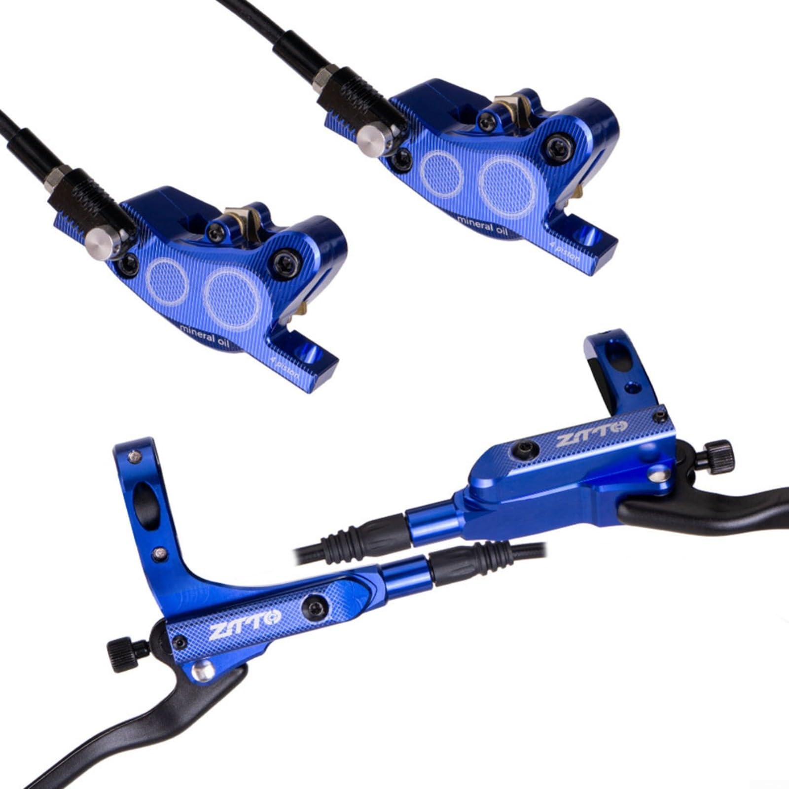 Igniport Mountain Bike Hydraulic Disc Brakes Set, 4 Piston Aluminium Alloy Calipers, Front 80cm Rear 145cm Hose(Blue)