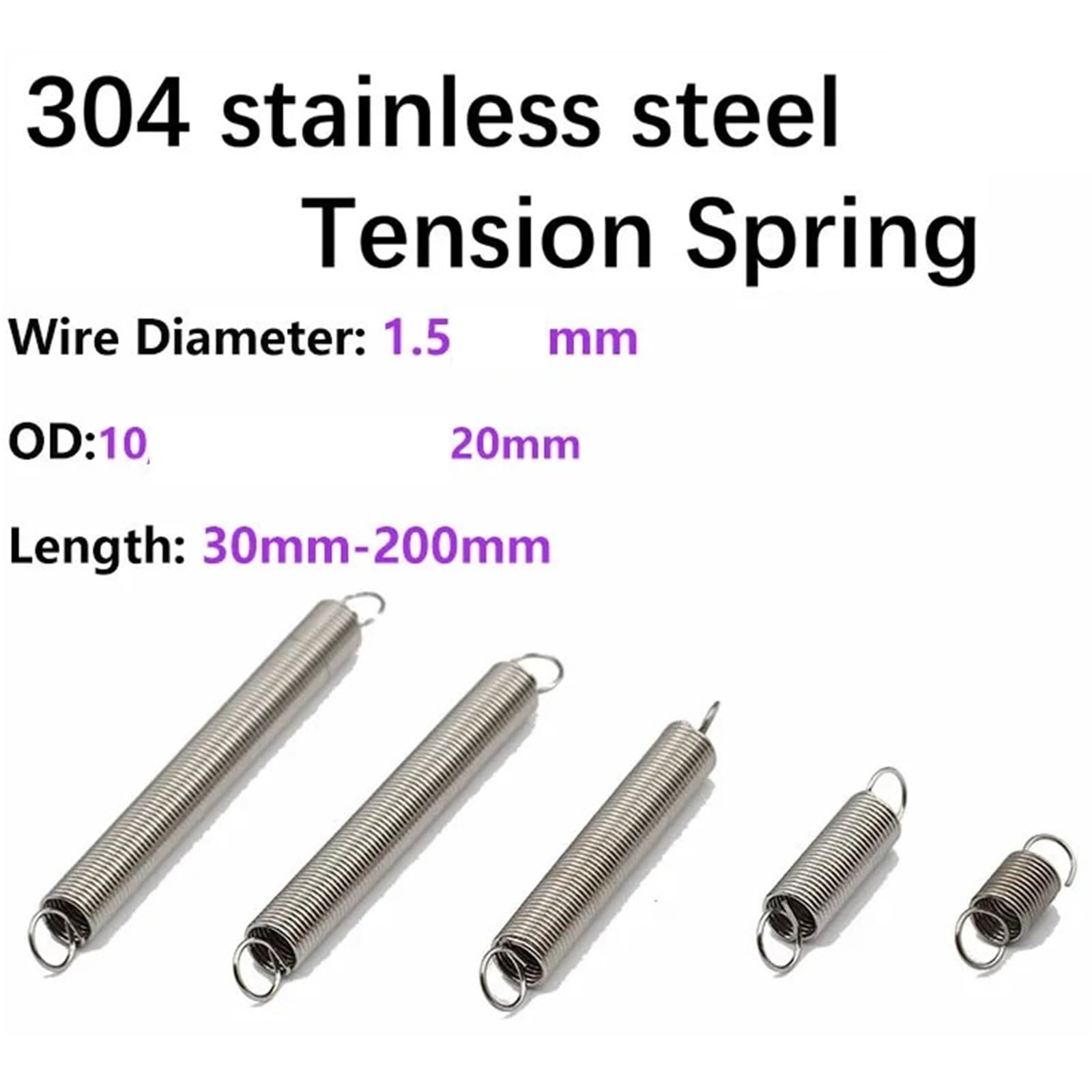 Extension Springs 20 Pcs/Lot 1.5mm 304 Stainless Steel O Hook Tension Cylindroid Helical Pullback Extension Tension Coil Spring(60mm)