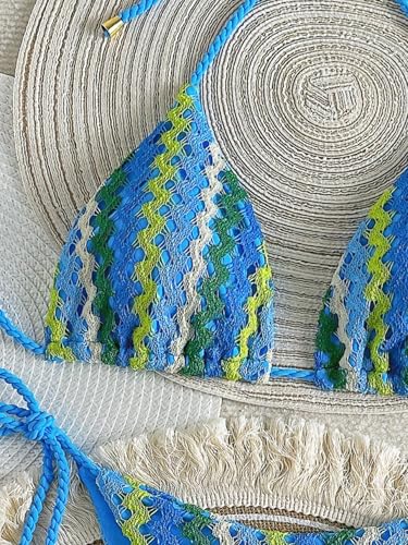 Image of ZAFUL 2 Piece Triangle Bikini for Women Knitted Rope Halter Bikini Sets Sexy Bathing Suit Side Tie Swimsuits Beachwear