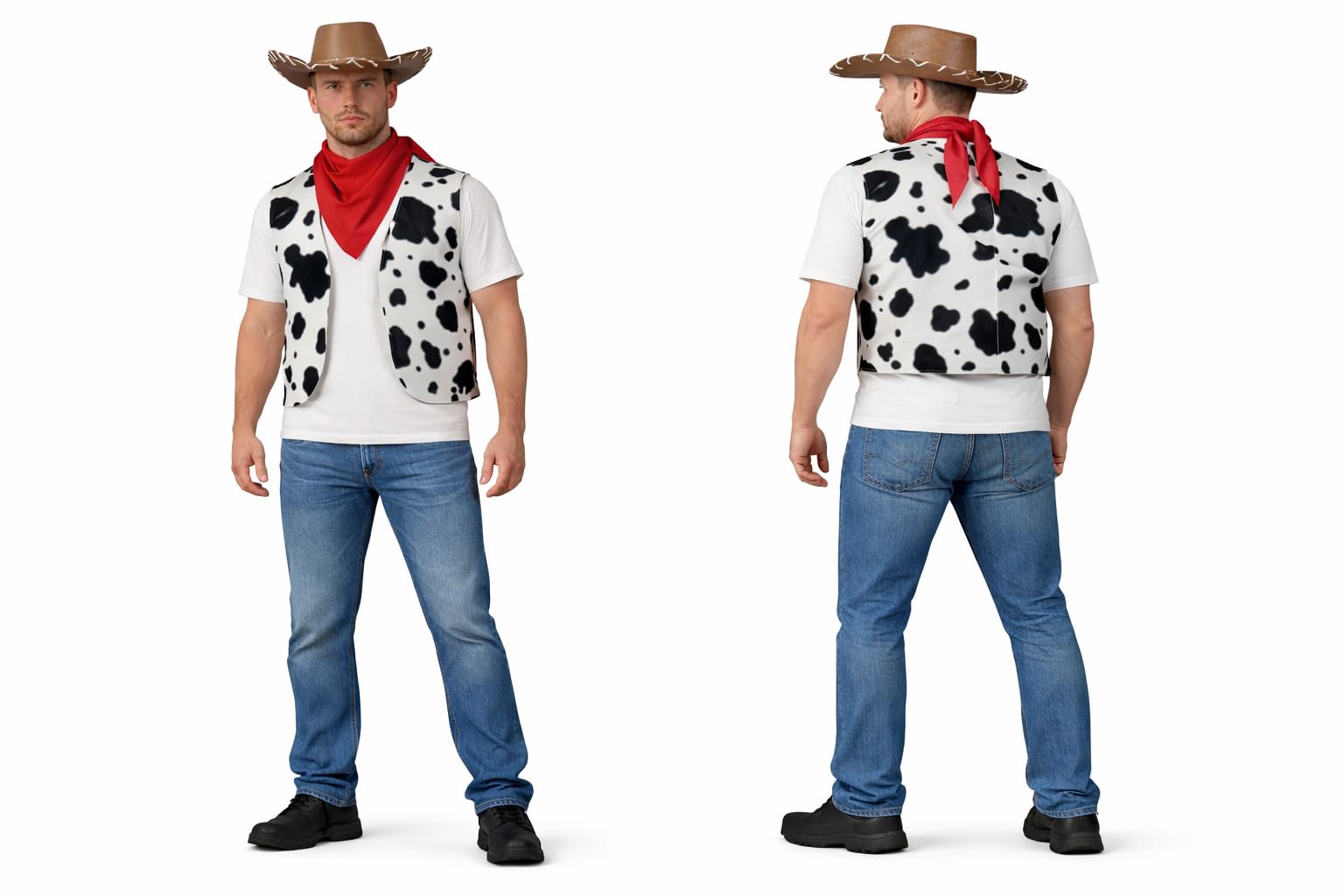 Adults Woody Cow Print Western Cowboy Cowgirl Waistcoat Neckerchief Foam Hat Fancy Dress [XS]
