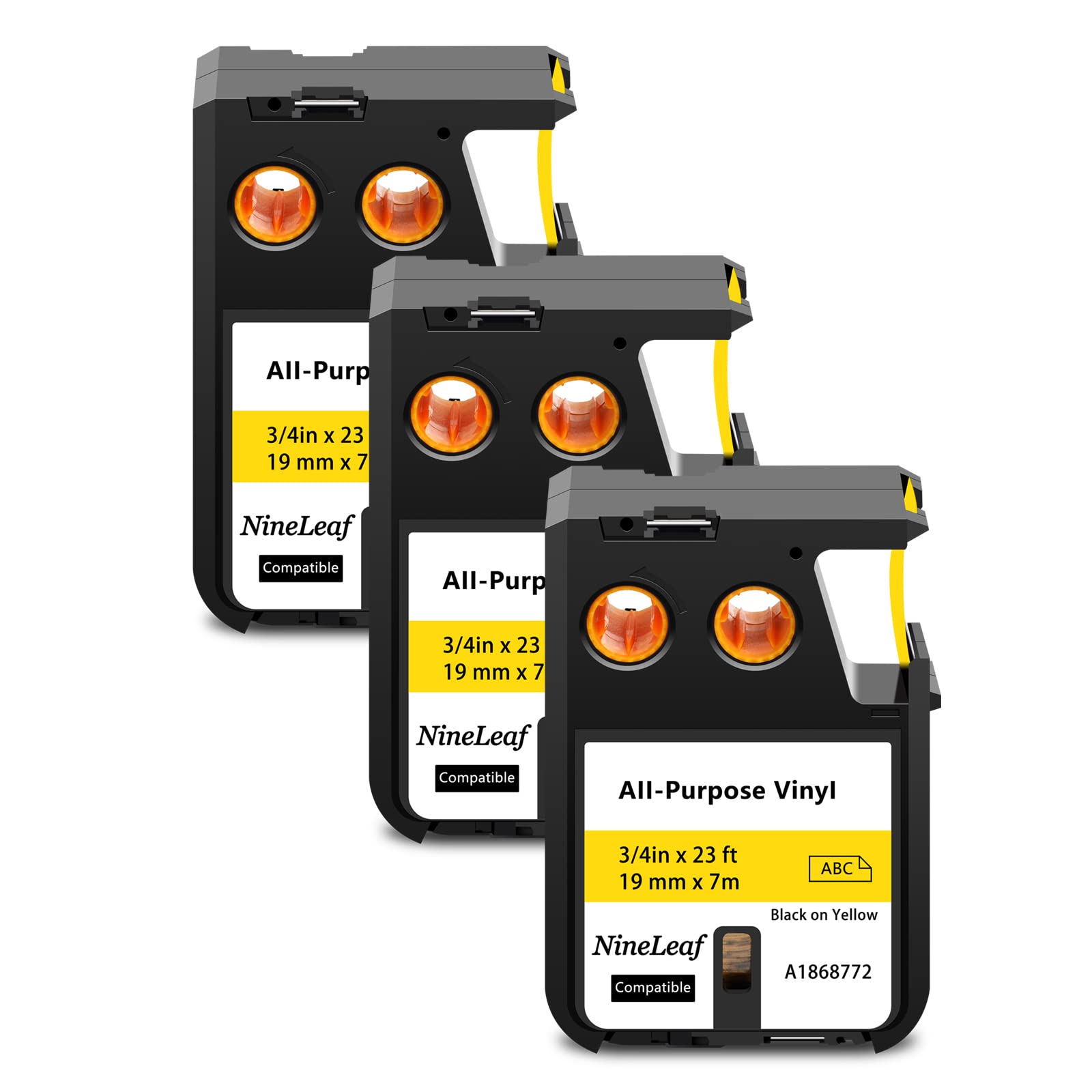NineLeaf 3 Packung Ersatz für Dymo 1868772 A1868772 19mm x 7m 0.7'' 3/4 Zoll Schwarz auf Gelb Bänder Allzweck Vinyl Industrie Schriftband für Rhino XTL-300 XTL-500 Beschriftungsgerät