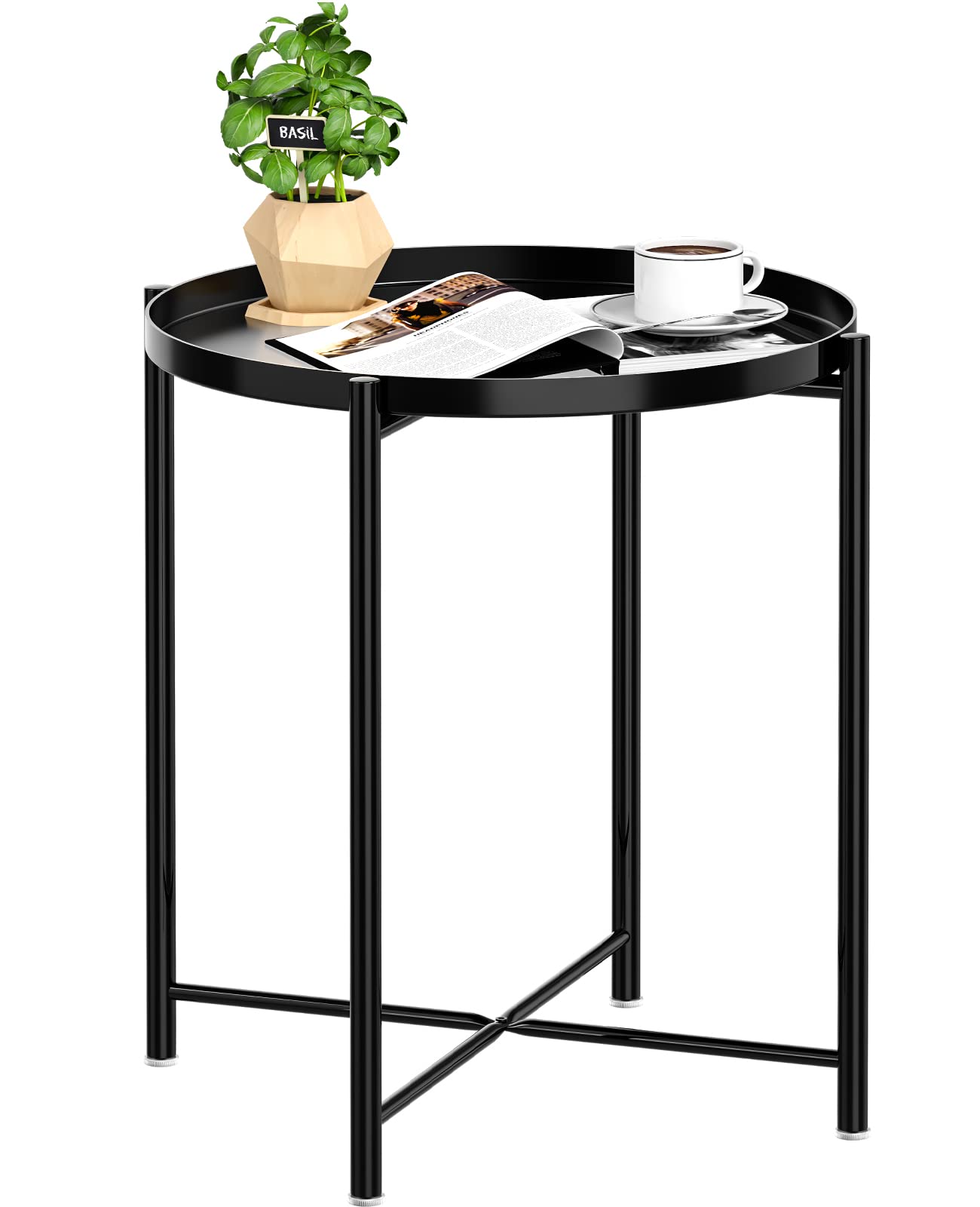JANE EYRE Tray End Table - Small Round Side Table, Anti-Rust and Waterproof Outdoor & Indoor Metal Snack Table with Removable Tray, Sofa Side Table, (H) 20.6" x (D) 17.5" - Black