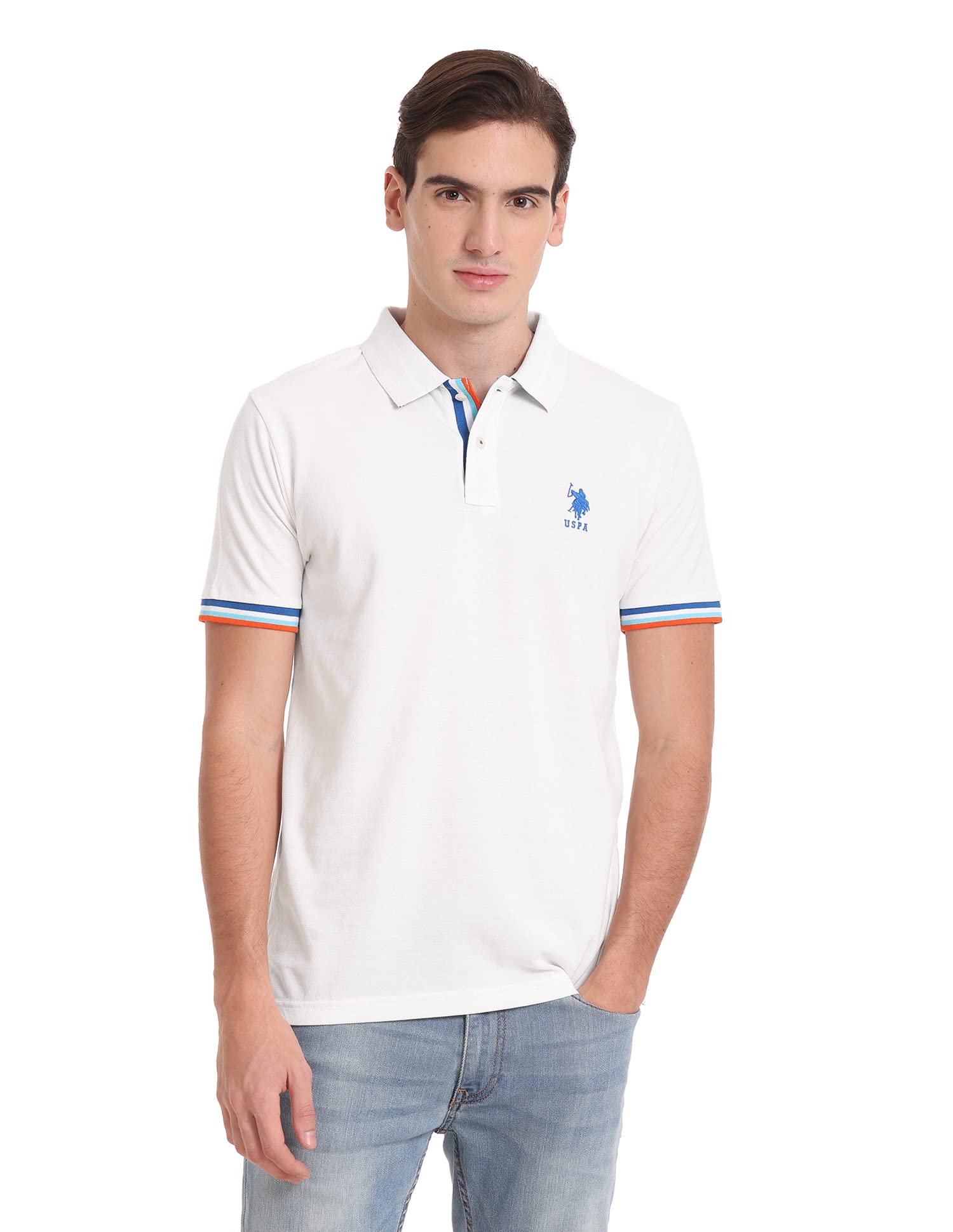 u.s. polo assn. Men Cotton Striped Sleeve Hem Solid Slim Fit Polo Shirt-picture-34