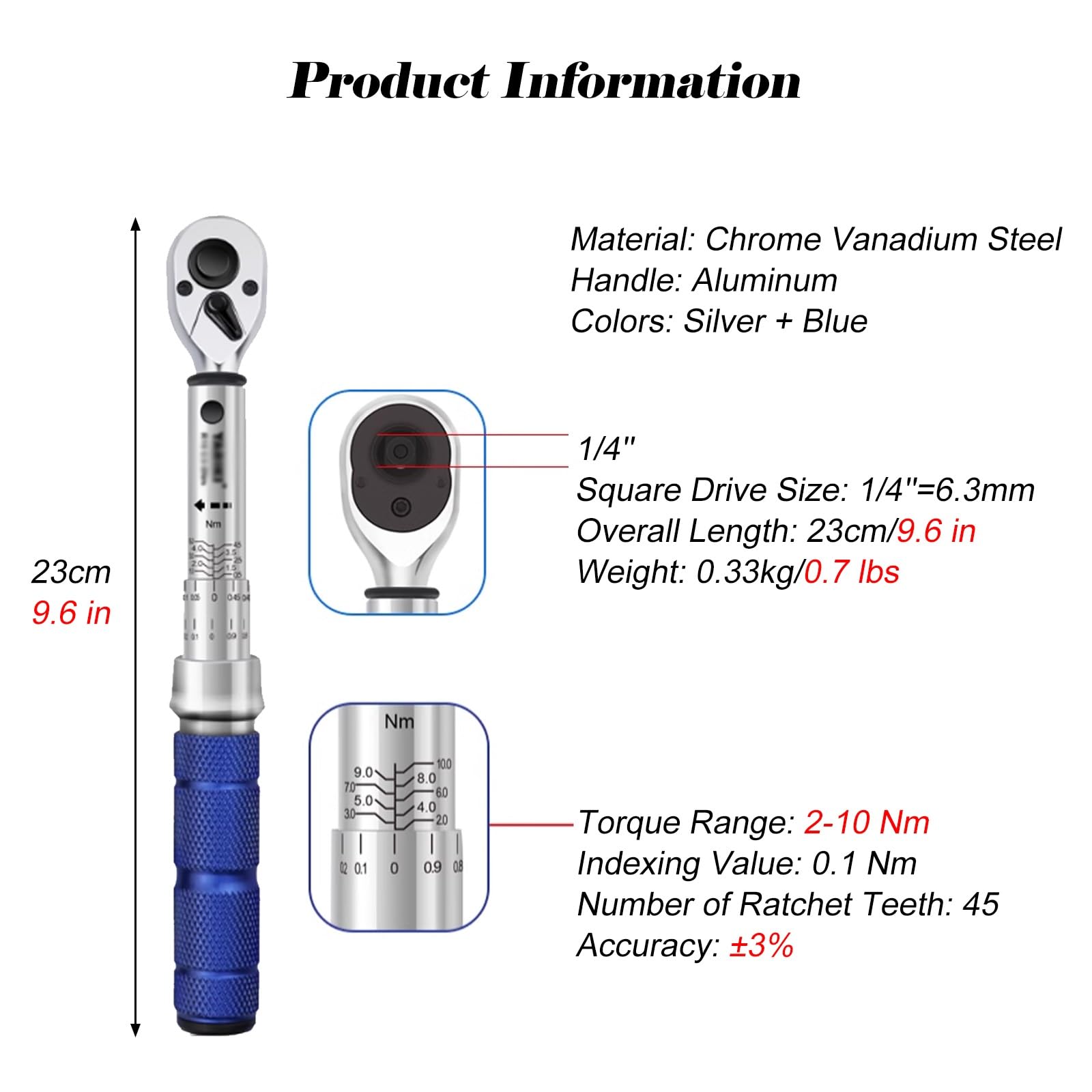 Chiave dinamometrica Chiave dinamometrica regolabile Precisione ±3%, chiave a ingranaggi da 1/4" con impugnatura ergonomica antiscivolo, set di chiavi dinamometriche per progetti meccanici/ingegneria