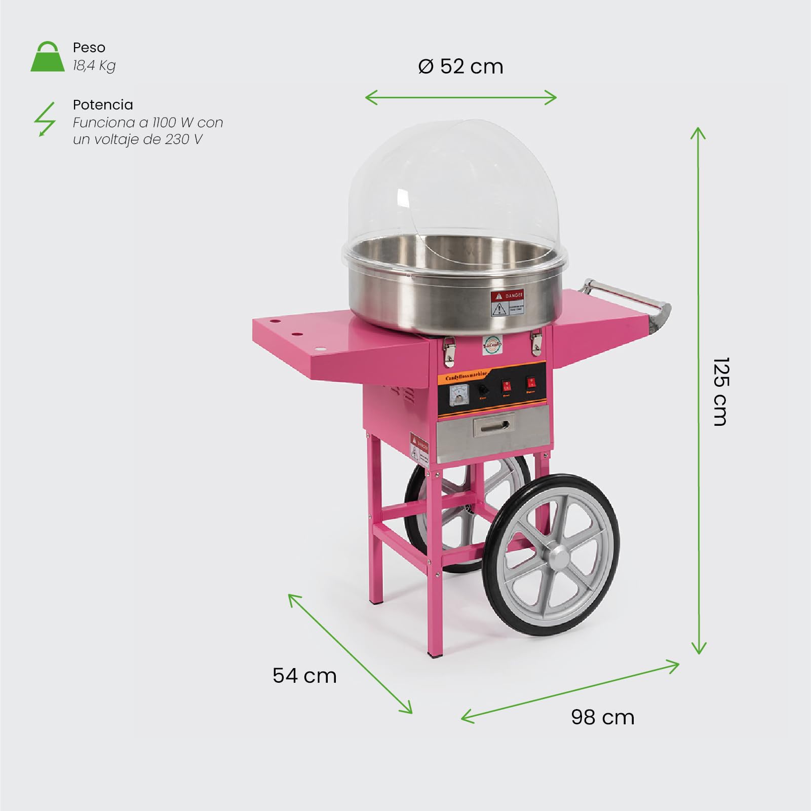Máquina de Algodón de Azúcar Profesional con Carrito y Cúpula de Metacrilato Resistente. Algodonera Fácil de Limpiar para Eventos con Garantía Incluida.