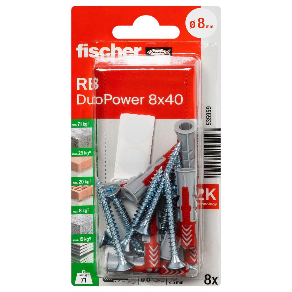 Fischer – Tacos – Kit de 8 tacos Duopower Ø8 x 40 mm + tornillos + tapa para fijación estantes – Fischer