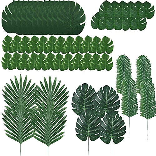 senlinren Hojas Artificiales, 60 Piezas 6 Tipos de Hojas de Palmera Artificiales Palmeras Tropicales Monstera Hojas de Simulación Decoraciones para Hawaiano Boda Jungla Playa Tema de Barbacoa Fiesta Cover
