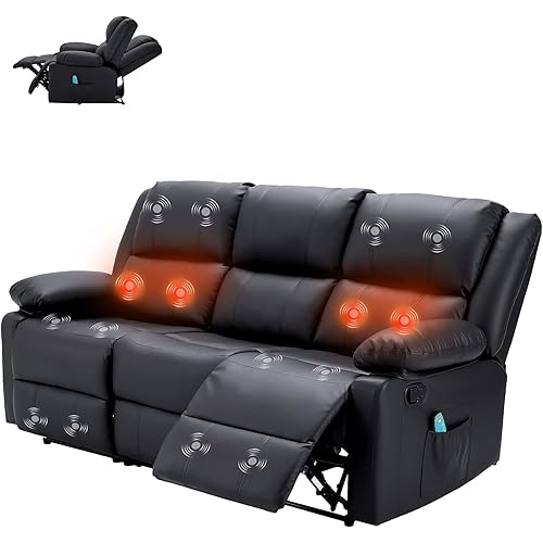 YODOLLA Recliner Couch with Massage&Heat Function, Wall Hunger Reclining Sofa Manual Faux Leather RV Sofa Couch, Home Theater Seating, Black