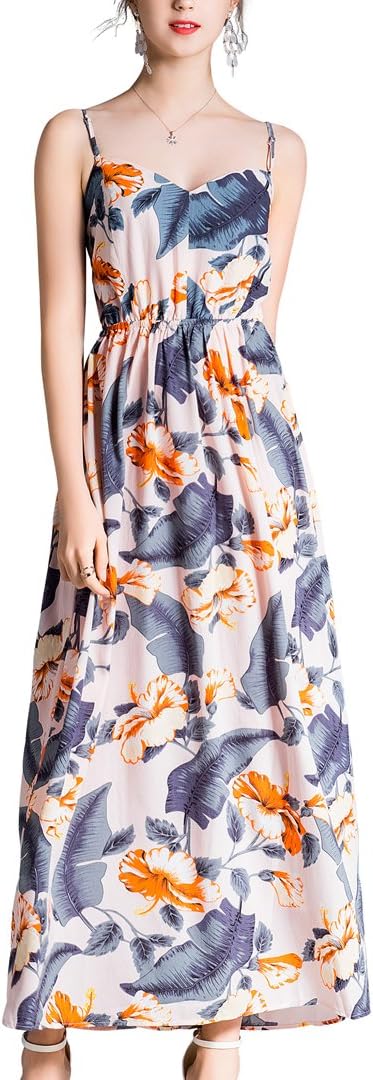 Women`s Spaghetti Straps Tropical Floral Summer Maxi Dress