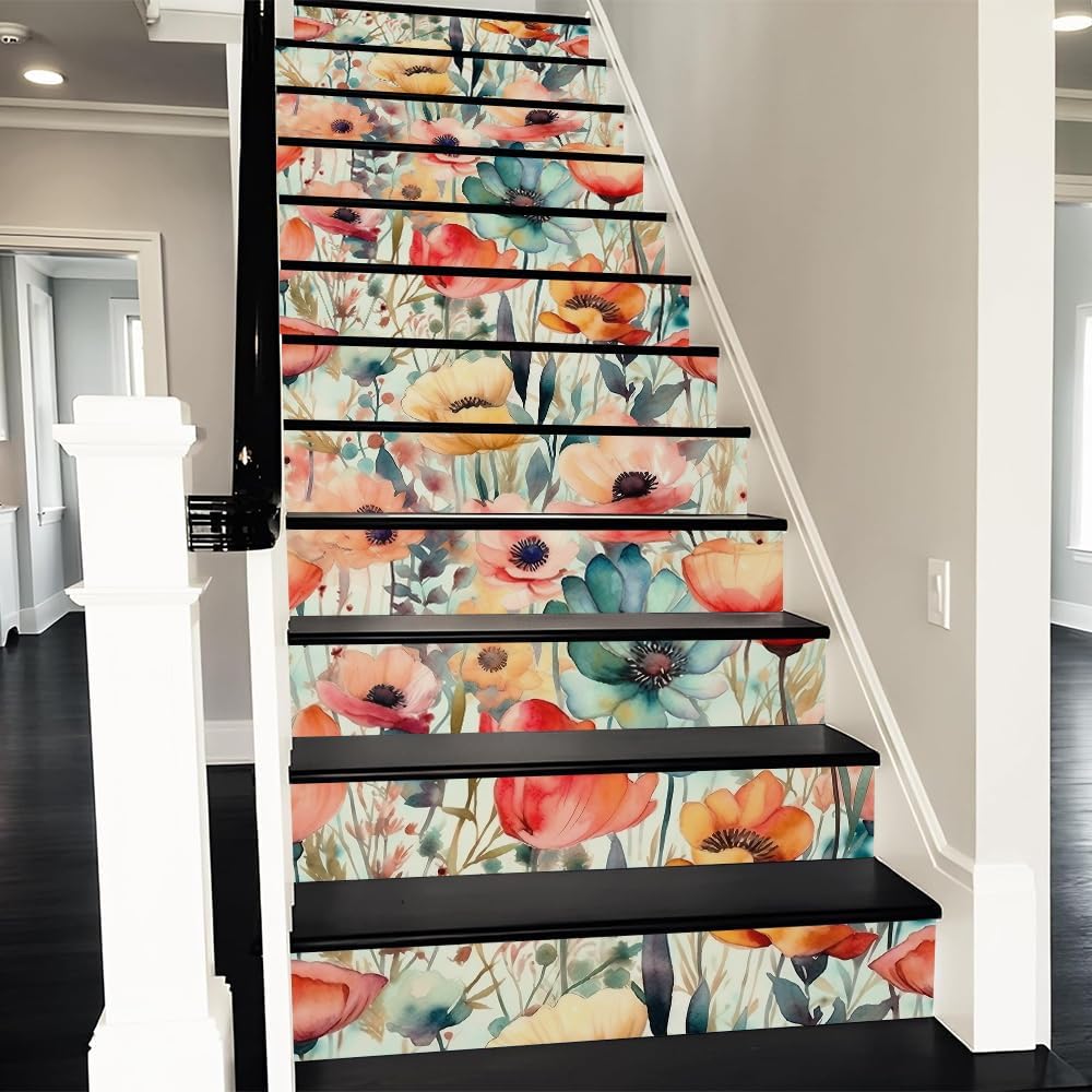 REDAMANCY Watercolor Boho Colorful Poppies Peel and Stick Vinyl Stair Riser Decals Staircase Tile Stair Stickers Abstract Art Modern Decoration Self-Adhesive Home Decor Stair Decals (14 Pcs)