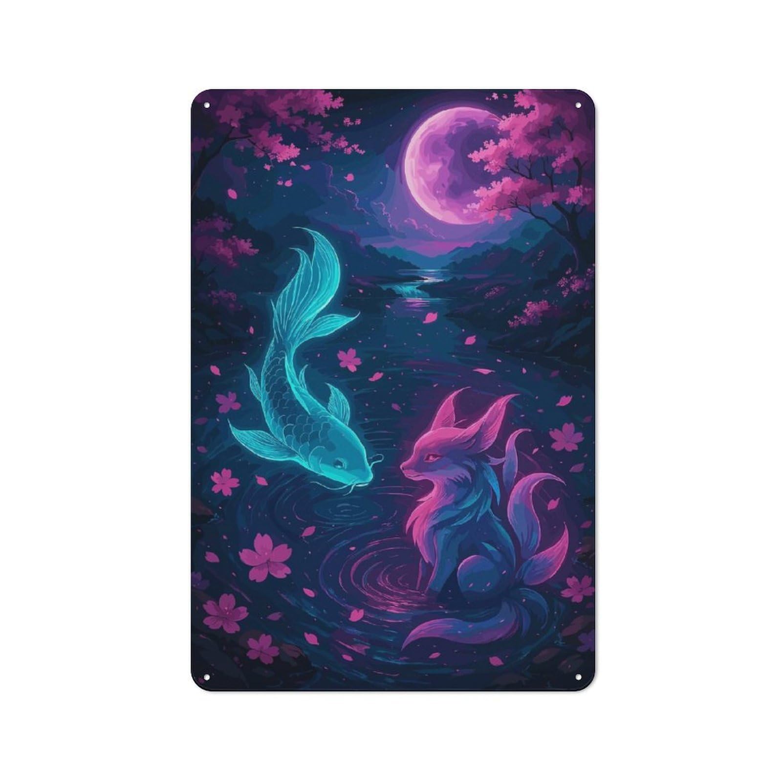 Junmoney Style Koi Fish And Fox In Moonlight Vintage Tin Sign 30X20cm, Vintage Diner Decor For Kitchen, Cafe, Pantry Or Dining Room
