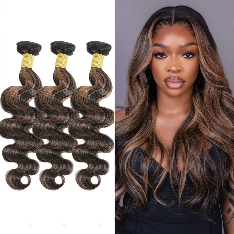 20 22 24Inch Brown Highlight Bundles Human Hair Light Brown Body Wave Bundles Brazilian Virgin Hair Weave 3Bundles Hair Deal（Black and Brown，#p1b/30）