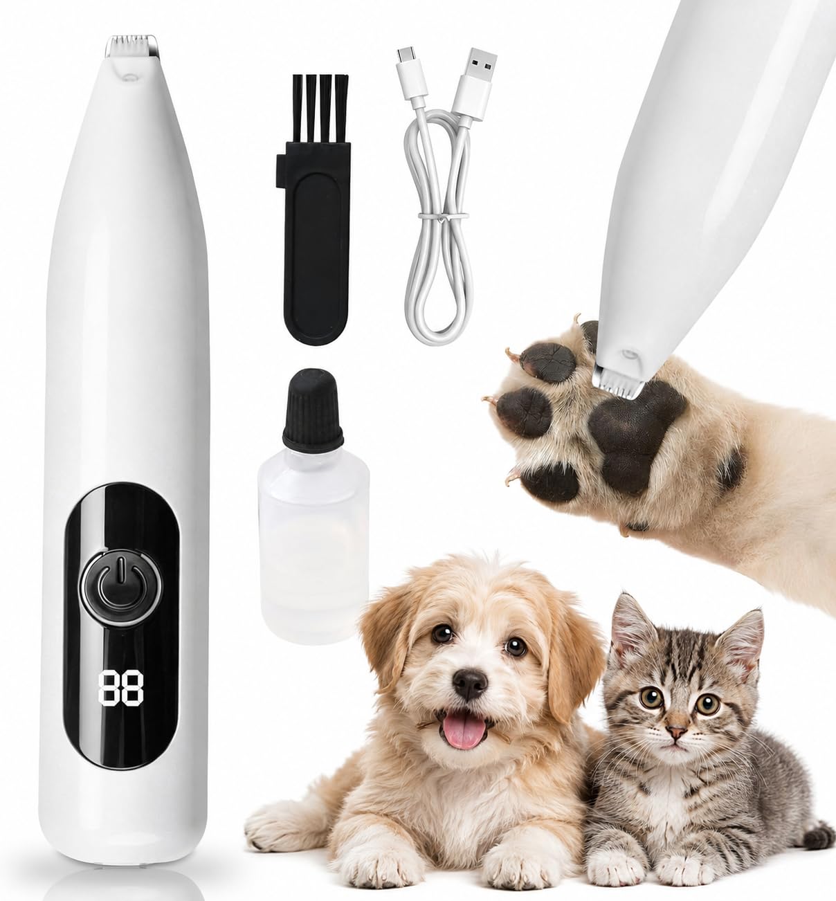 Tondeuse pour chat avec LED USB rechargeable, tondeuse chat silencieuse de précision pour pattes oreilles yeux visage, tondeuse animaux pour chien chat poils longs
