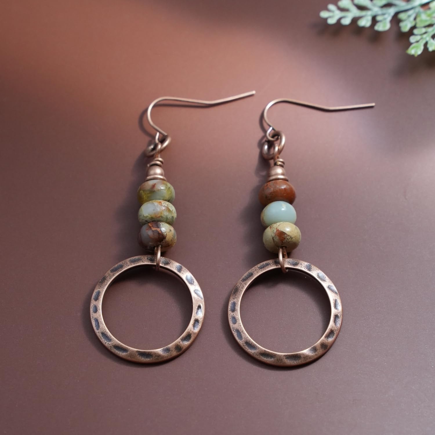 Vintage Boho Earrings for Women Bohemian Beaded Gemstone Dangle Earrings Handmade Hammered Circle Drop Dangles - Image 5