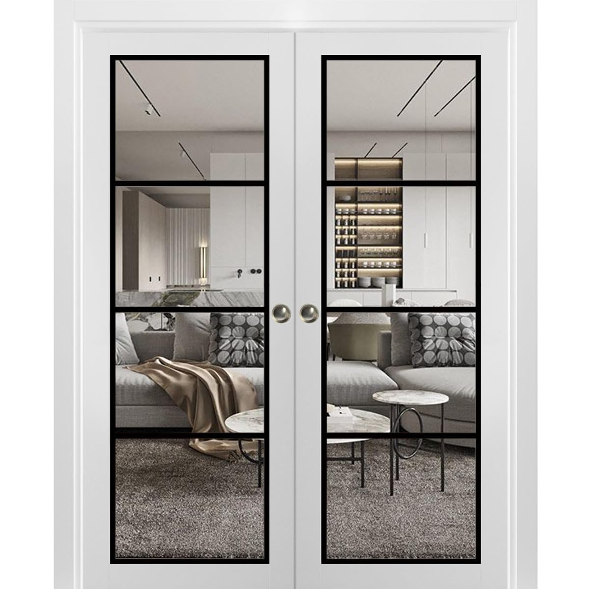 SARTODOORS Lucia 2466 | Interior French Double Pocket Doors with Clear Glass, Wooden, 56x96, White, Modern Style | Hardware Included