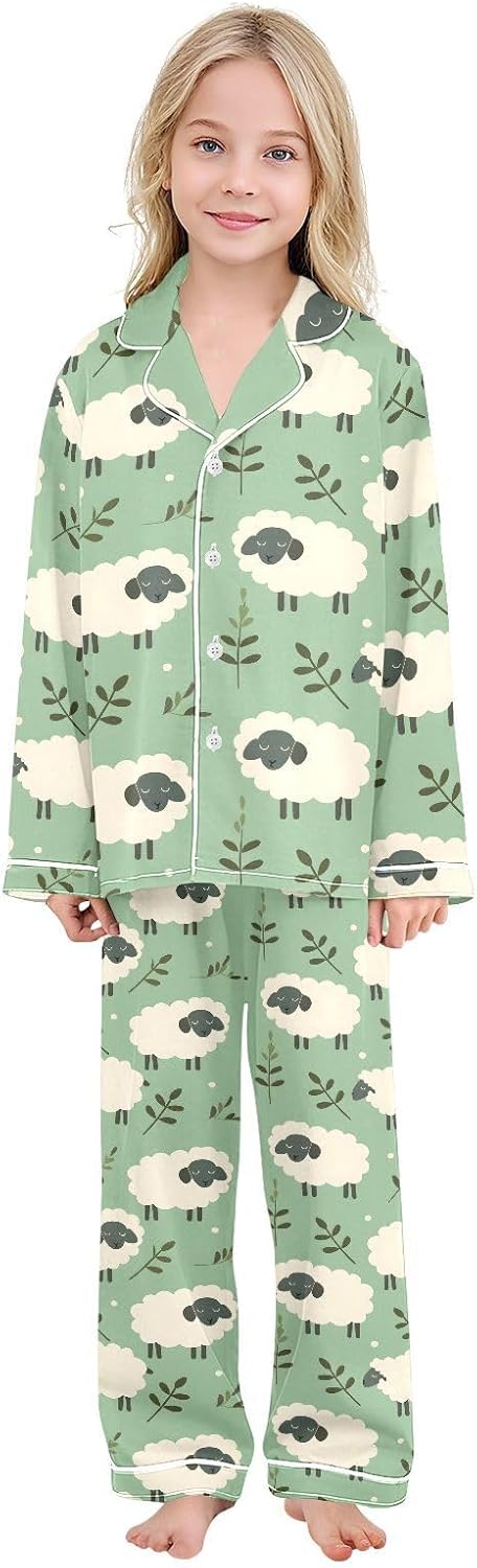 Fall Silk Satin 2 Piece Pajamas Set Cute Animals Long Sleeve Button Down Top + Pants Lounge Sleepwear