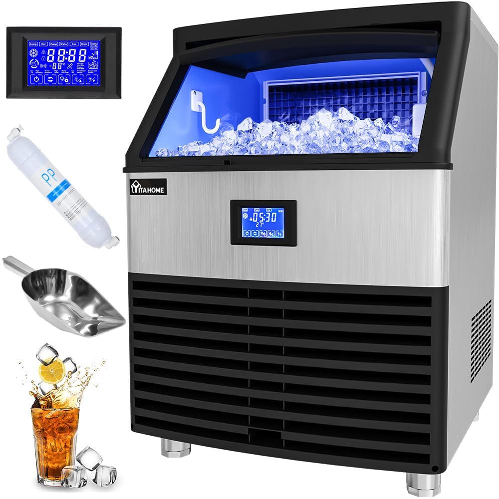 Commercial Ice Maker, 120Lbs/Day, 30Lbs Bin, 40 Cubes in 6 Mins, Dual Water Inlet, Freestanding Under Counter Ice Machine for Bar, Restaurant, Office