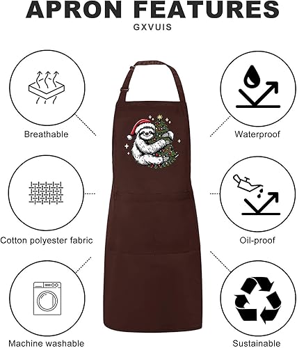 Miniatura 5 de Sloth Christmas Apron for Women with 2 Pockets Waterproof Adjustable Bib Kitchen Cooking Apron Sloth Lovers Xmas Gift