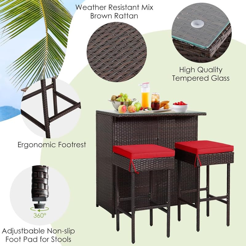 Image of OUTLIVING Patio Rattan Wicker Bar Table with Glass Top and 2 Cushion Stools | Multipurpose 2 Seater Outdoor Bar Set Furniture for Home, Garden, Porch, Backyard, Lawn and Poolside (Brown-Red)