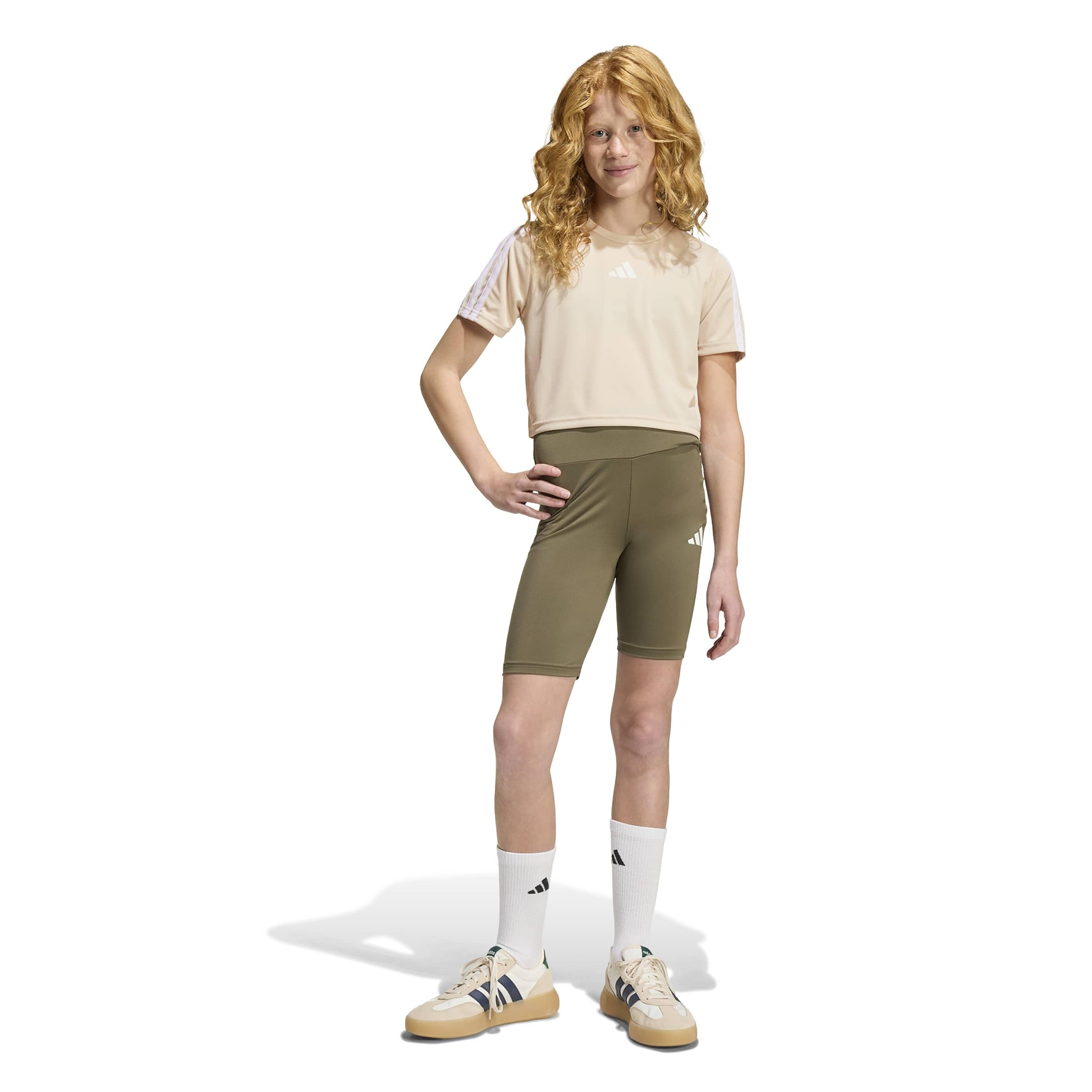 adidas Girl's TRAIN ESSENTIALS 3-STIPES T-SHIRT SET, Crystal Linen/white, 7-8 Years