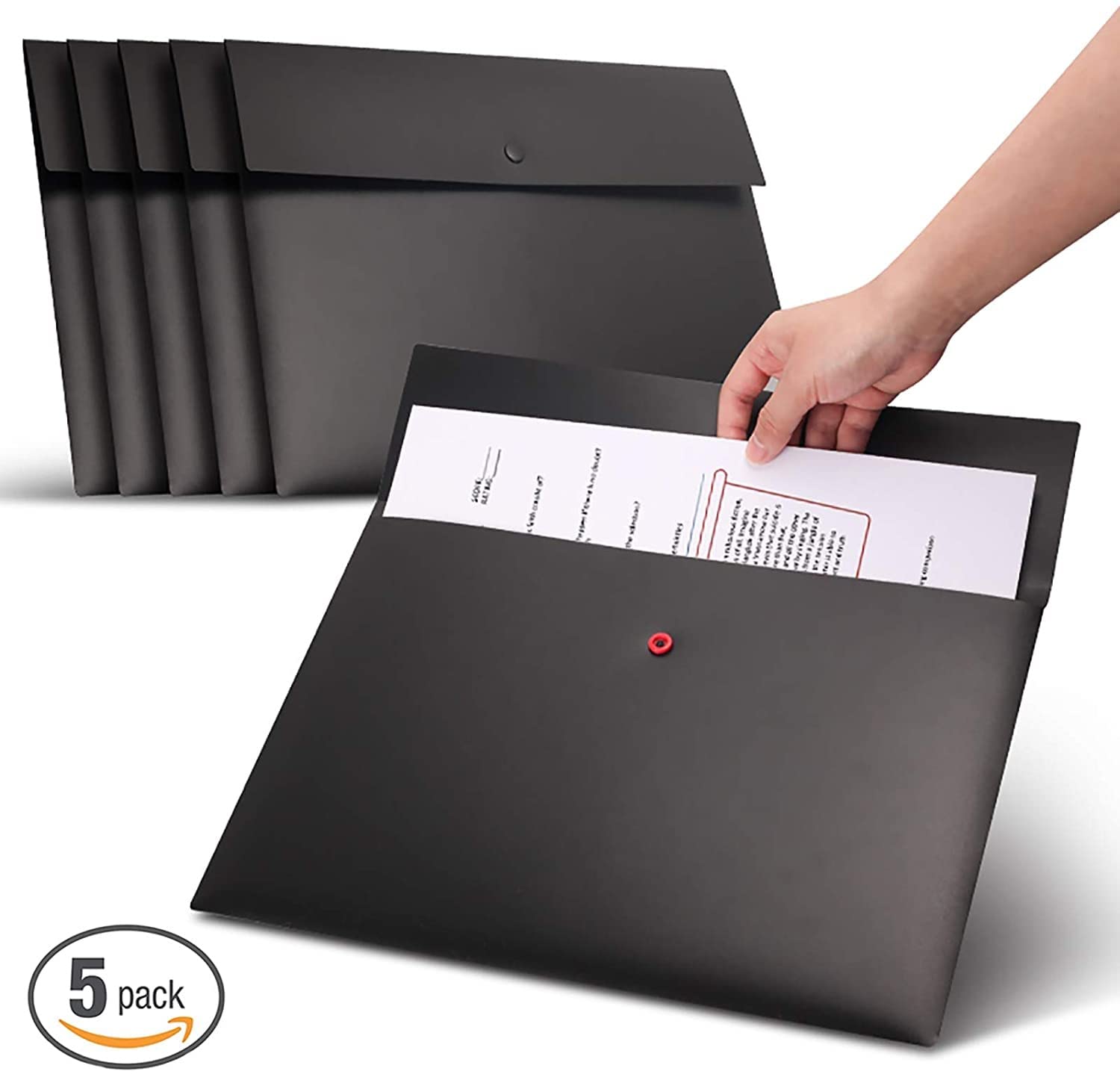 Confezione da 5 Tasche per cartelle Formato A4, Lettera, Buste in plastica, Buste Piatte, Organizer per Documenti, Lettere, con Chiusura con Bottone a Pressione (D)