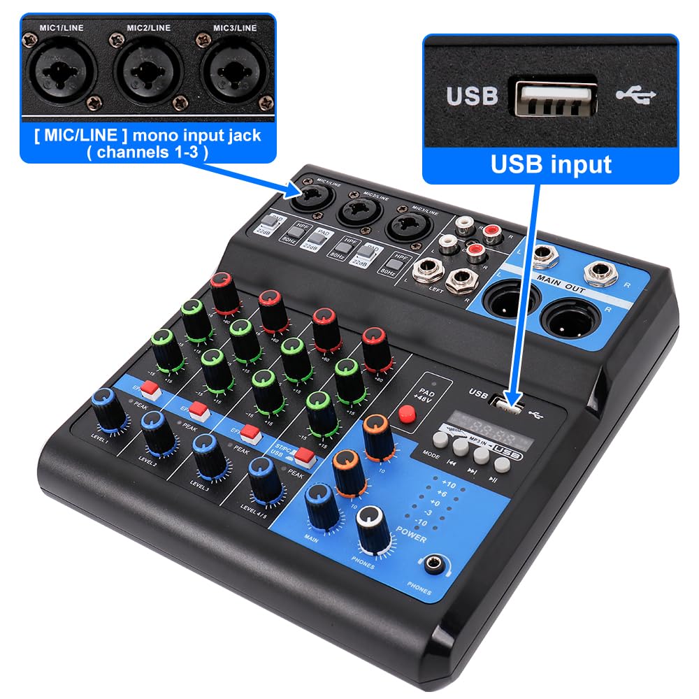 Table Mixage Table de Mixage USB Console de Mixage Alimentation Fantôme 48V Audio Professionnel PC EQ Karaoke (5 canaux)