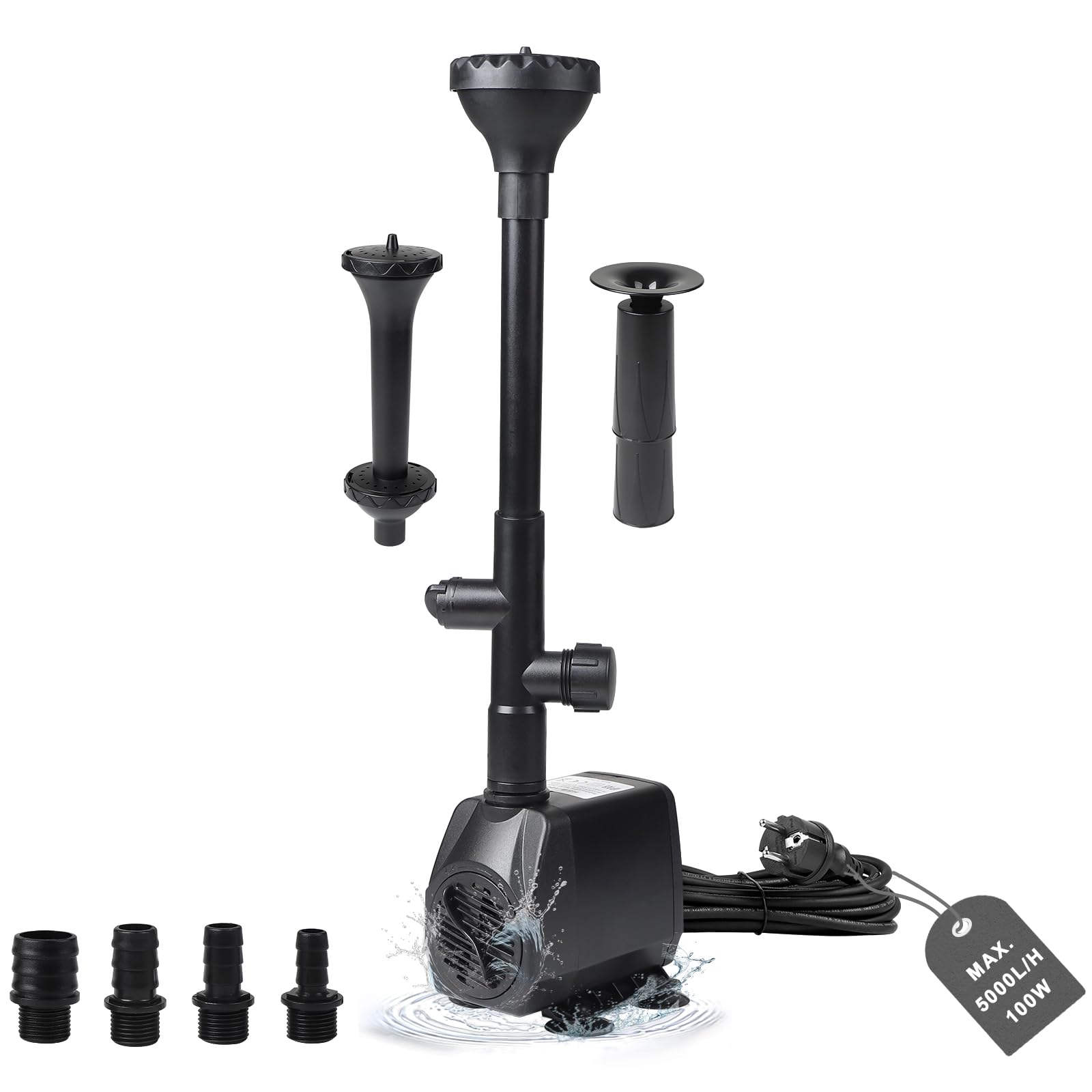 EXLECO Pompa Laghetto 4500L/H 95W con Filtro per Acquario, Fontana Stagno e Ruscello - 4 Ugelli, 5M Cavo, 3 Stili di Fontana