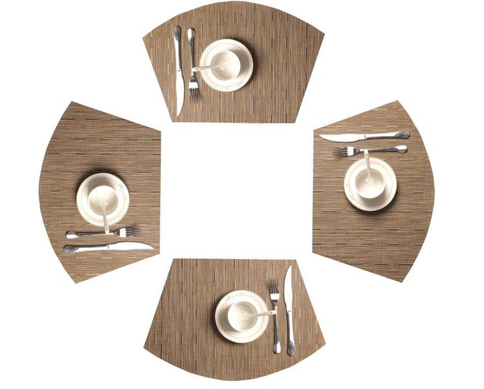 Round Table Dining Placemats Woven PU Vinyl Wedge Fan Shape Place Mats Resistant to Stain and Heat Insulation Wipe Clean Non-Slip Washable for Kitchen Indoor Outdoor Set of 4 (Brown)