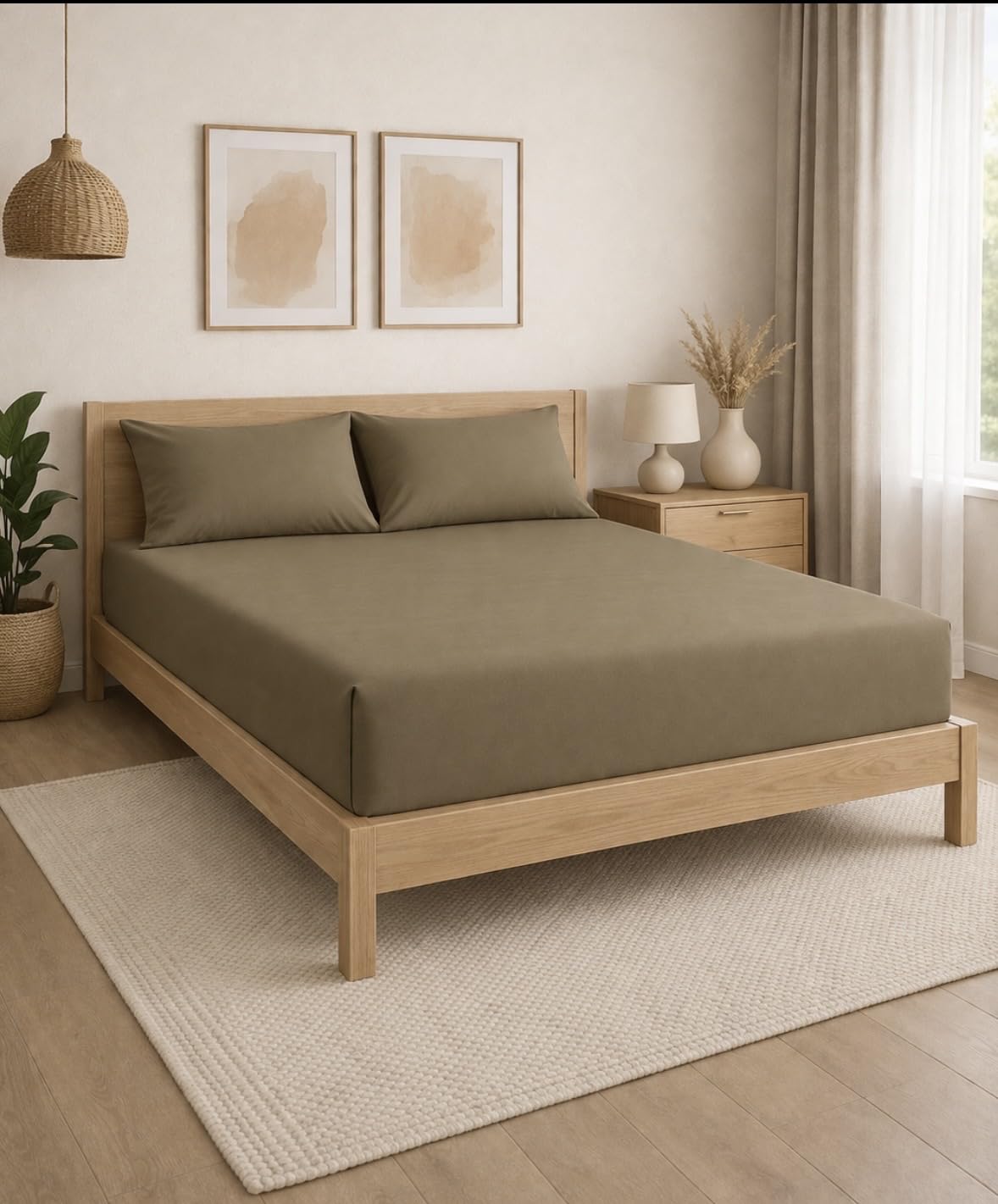 THE HOME STYLE Solid Plain Cotton Feel Fitted Bedsheet (72x78 inches) with Reversible Comforter (90x100 inches) | King Size | 2 Pillow Covers | 300 TC | 4-Piece Bedding Set (Walnut)